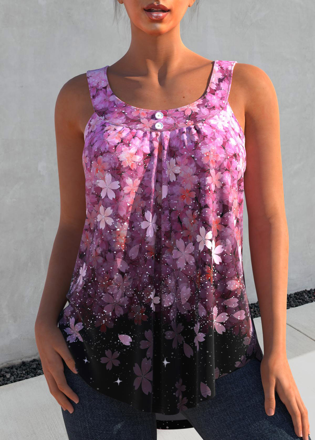ROTITA Floral Print Ombre Hot Pink Tank Top