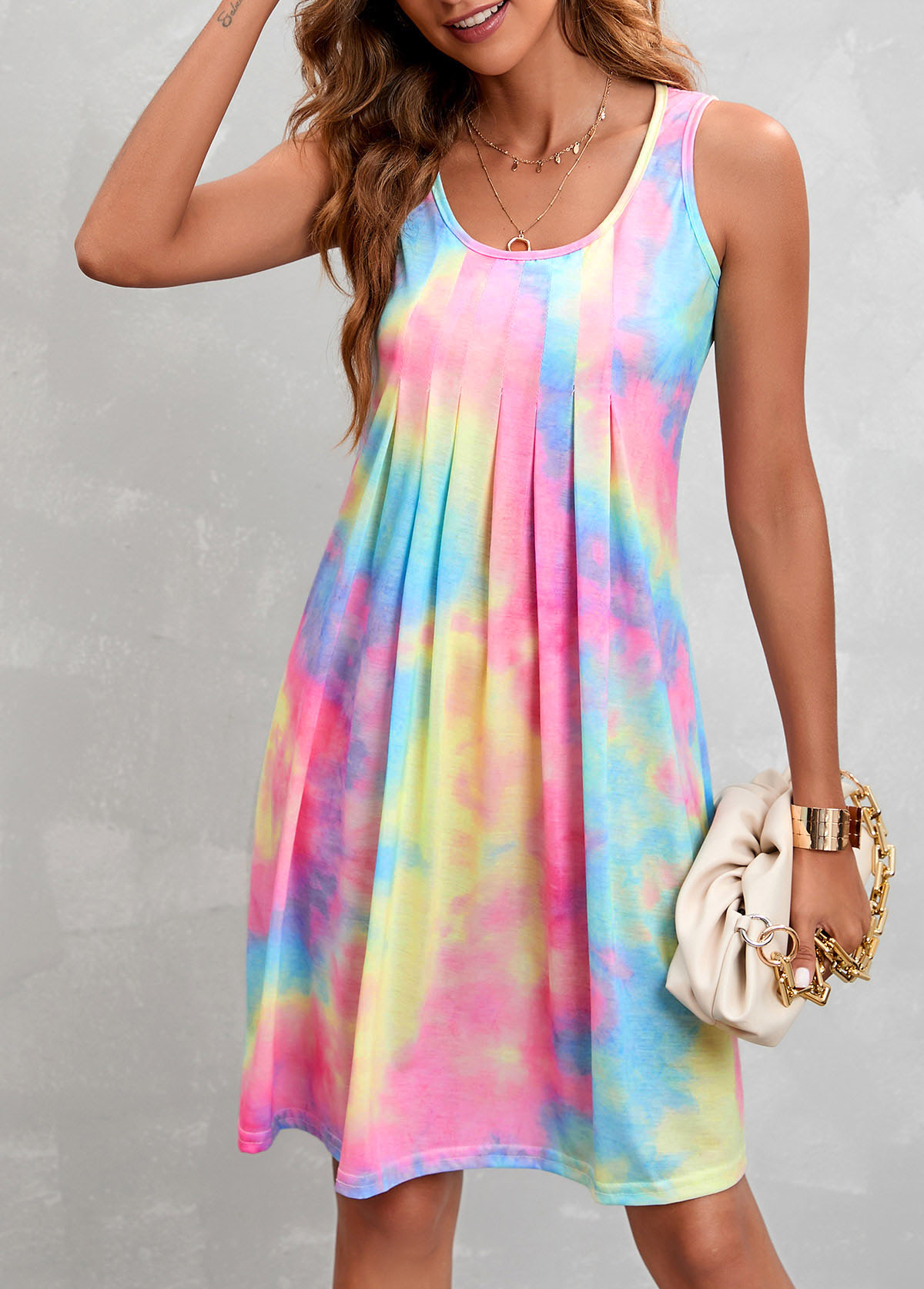 Multi Color Pleated Design Sleeveless Dress