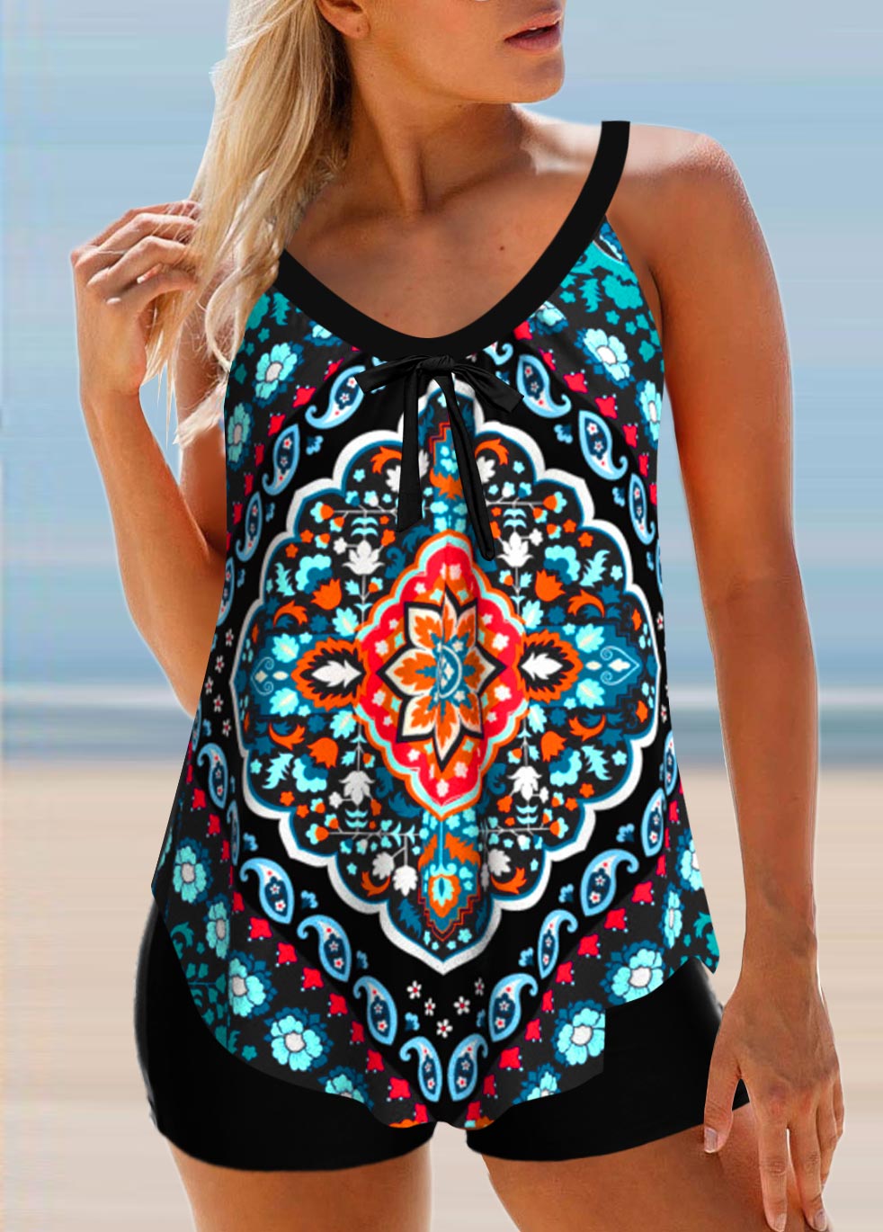 ROTITA Bowknot Tribal Print Multi Color Tankini Top-No Bottom