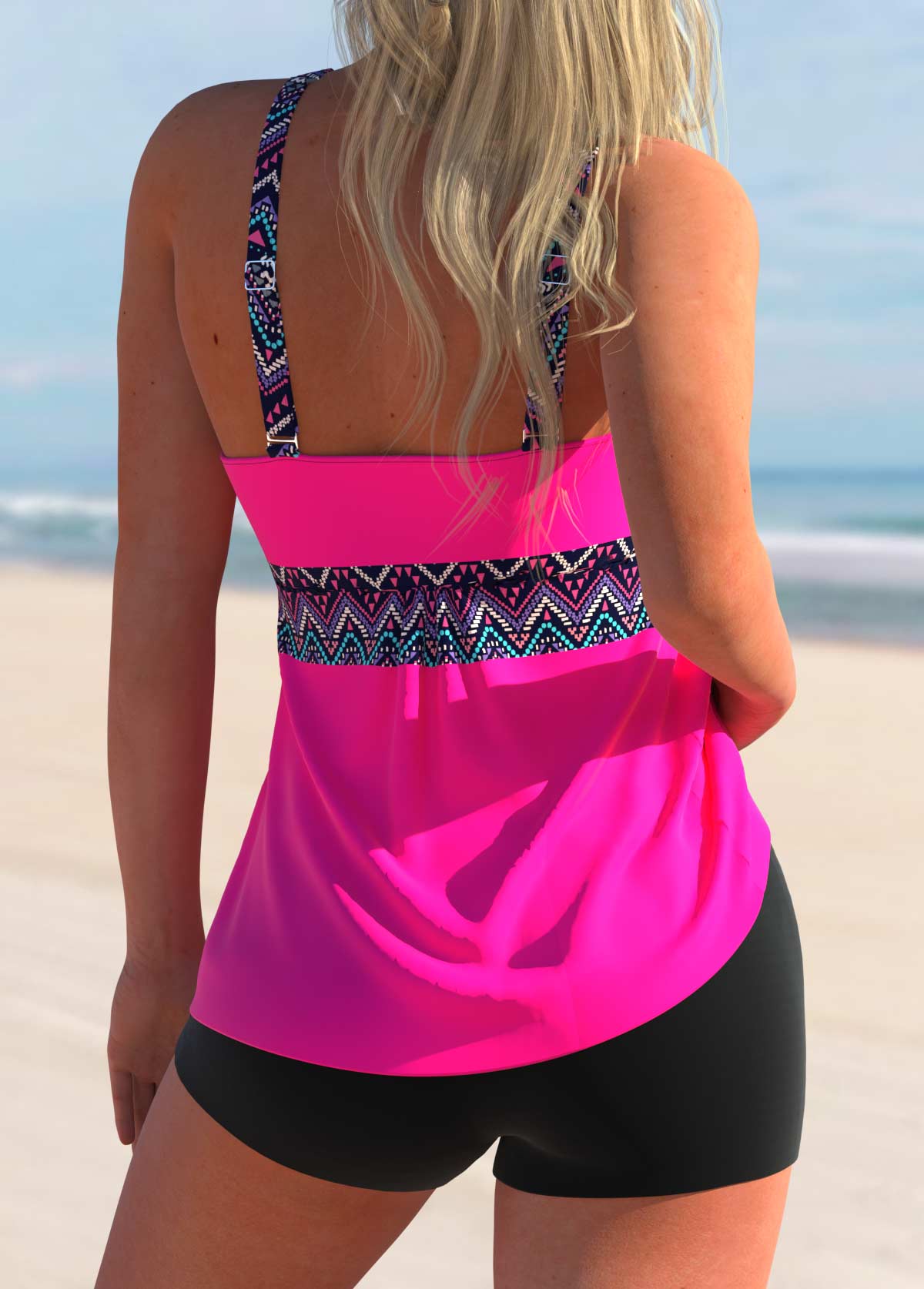 Hot Pink swimwear,Tribal swimwear,ROTITA Polka Dot Chevron Print Hot Pink Tankini Top