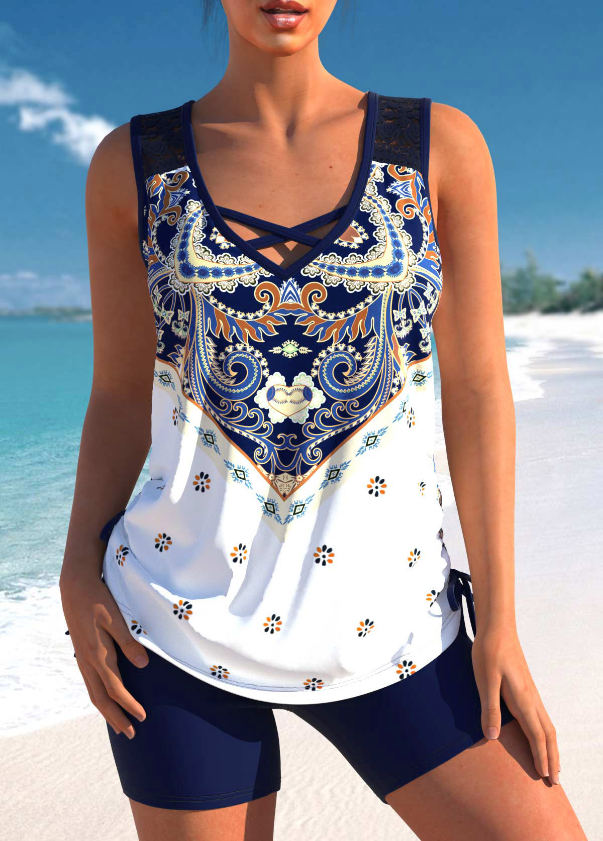 Navy swimwear,Tribal swimwear,ROTITA Tribal Print Cross Strap Navy Blue Tankini Set