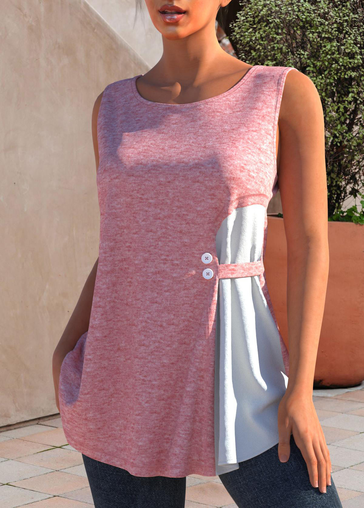 Light Pink tops,Plain Color tops,ROTITA Decorative Button Light Pink Tank Top