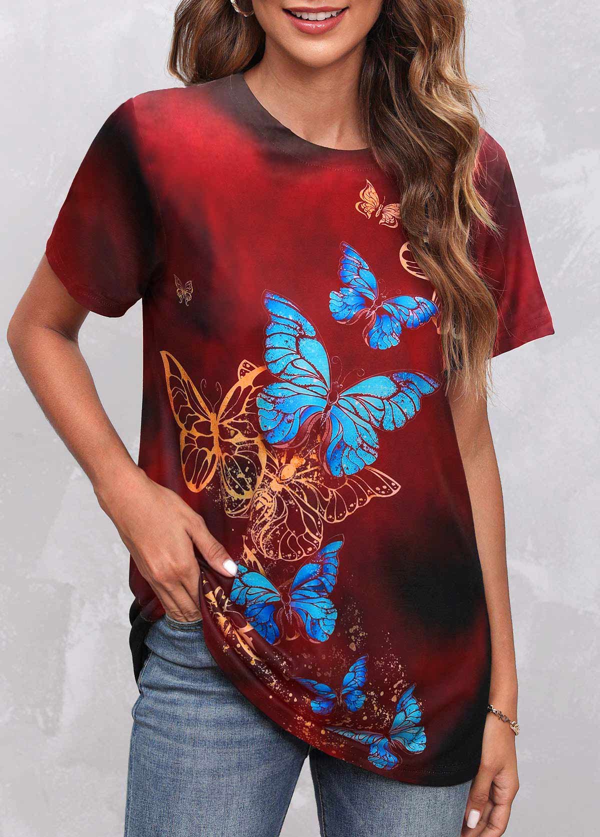 ROTITA Butterfly Print Round Neck Red T Shirt