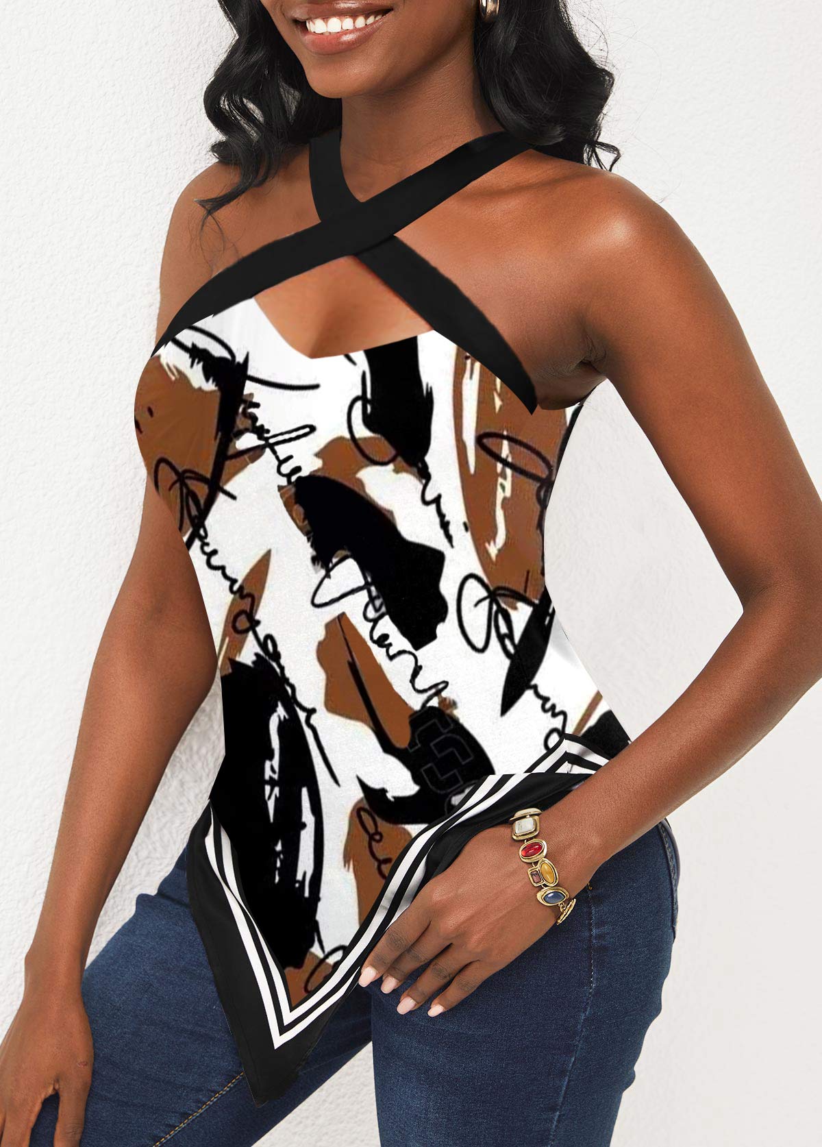 Multi Color tops,Graphic tops,ROTITA Multi Color Brush Stroke Print Cross Strap Blouse