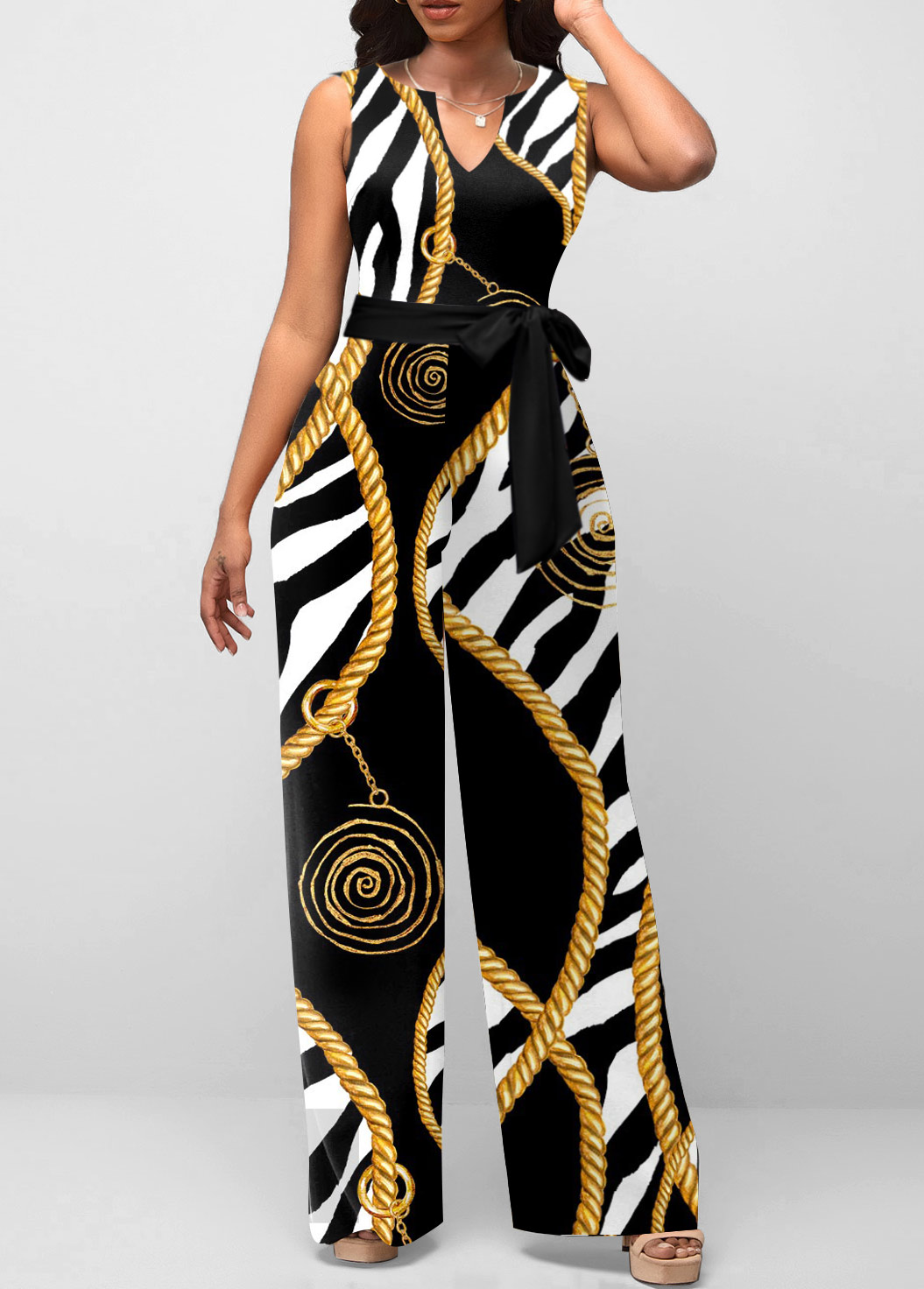 ROTITA Zebra Print Belted Split Neck Black Jumpsuit