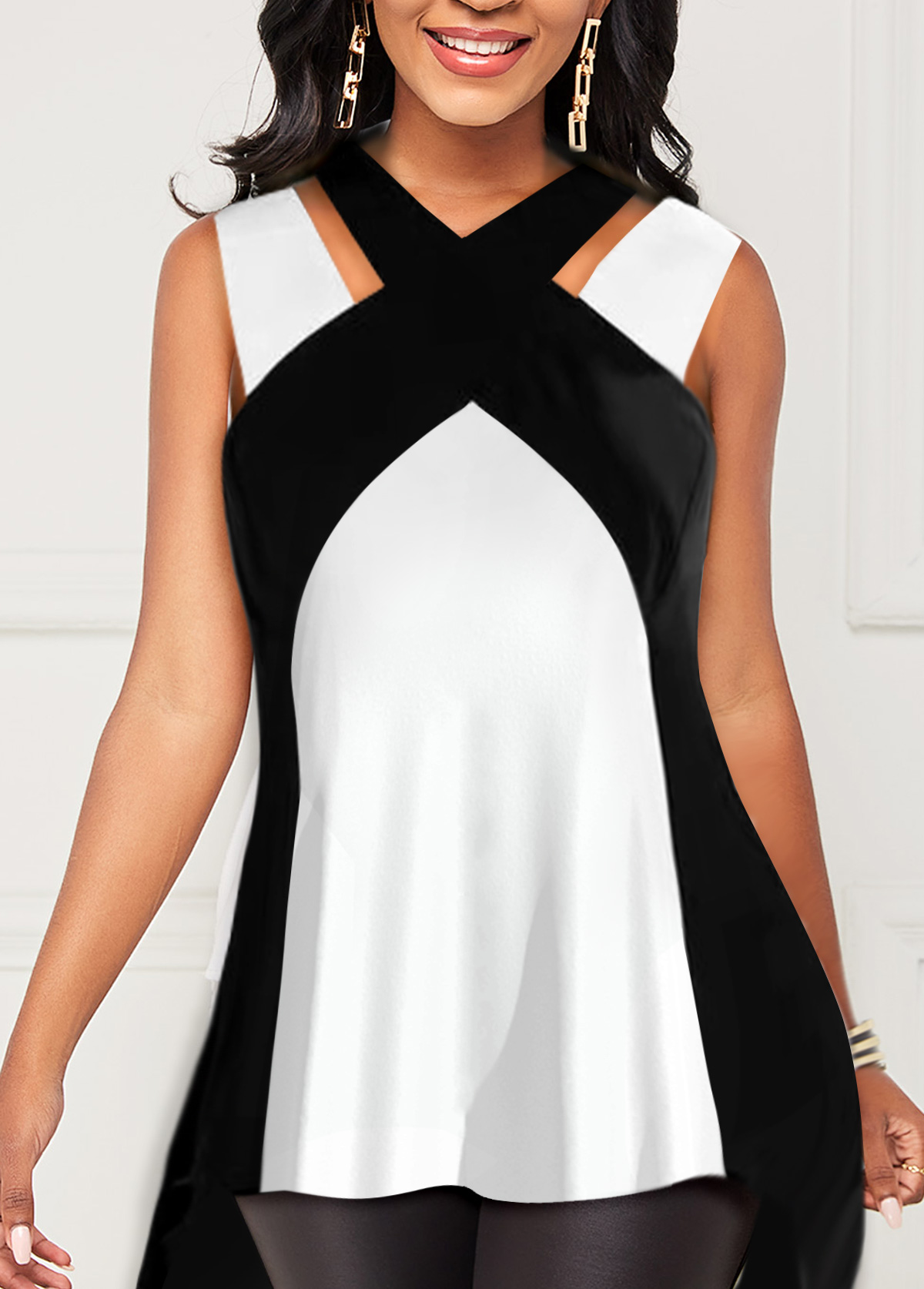 White tops,Plain Color tops,ROTITA Sleeveless White Asymmetrical Neck Tank Top