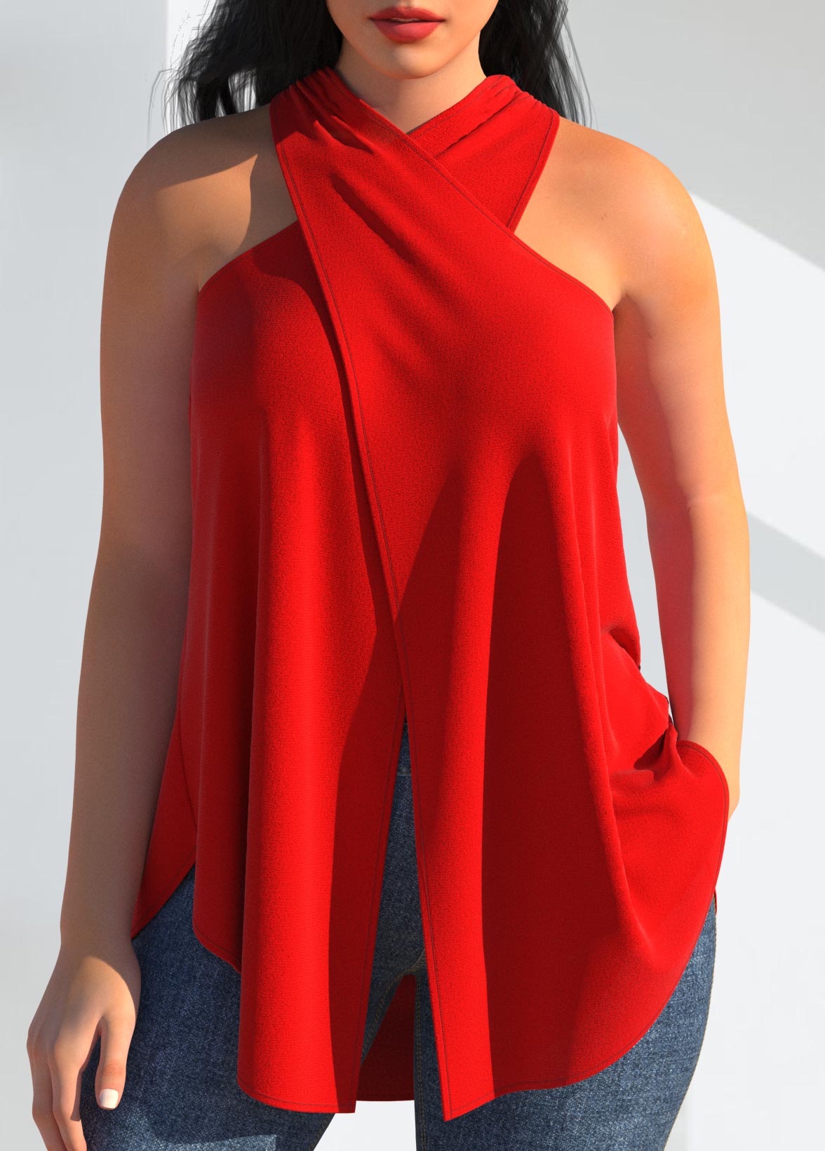 ROTITA Cross Front Red Halter Tank Top