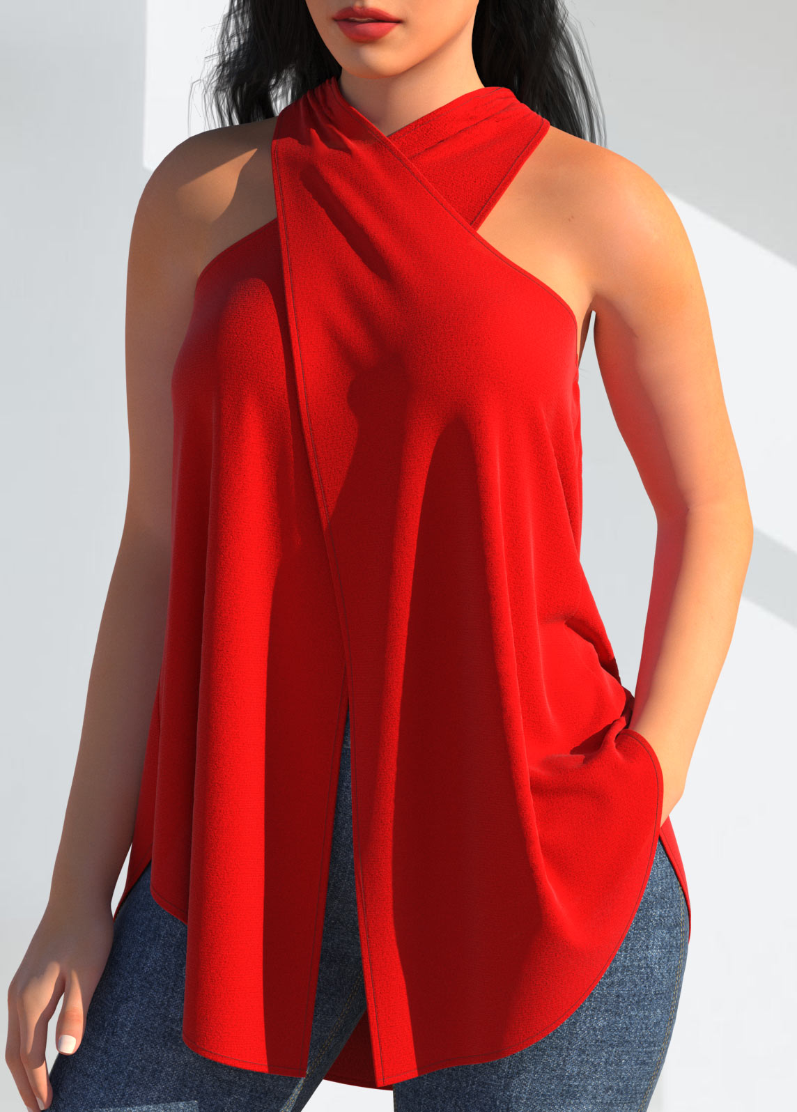 Red tops,Plain Color tops,ROTITA Cross Front Red Halter Tank Top