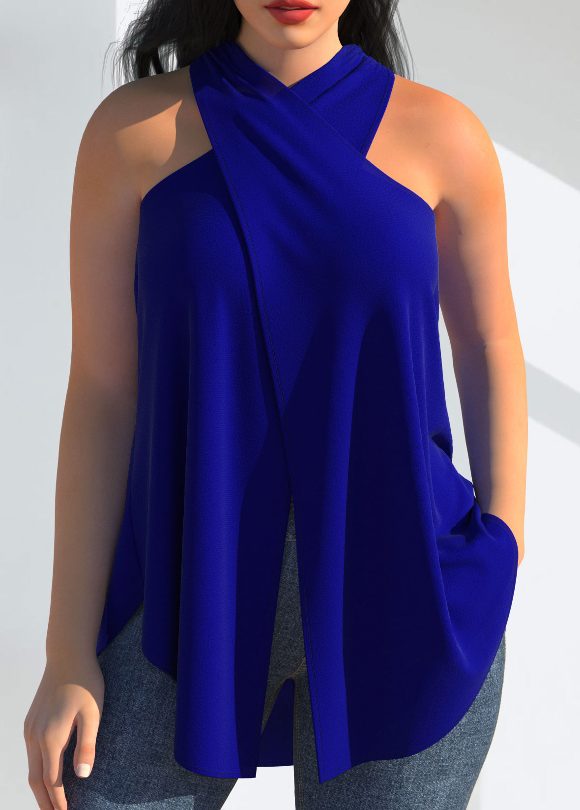 ROTITA Royal Blue Halter Cross Front Tank Top