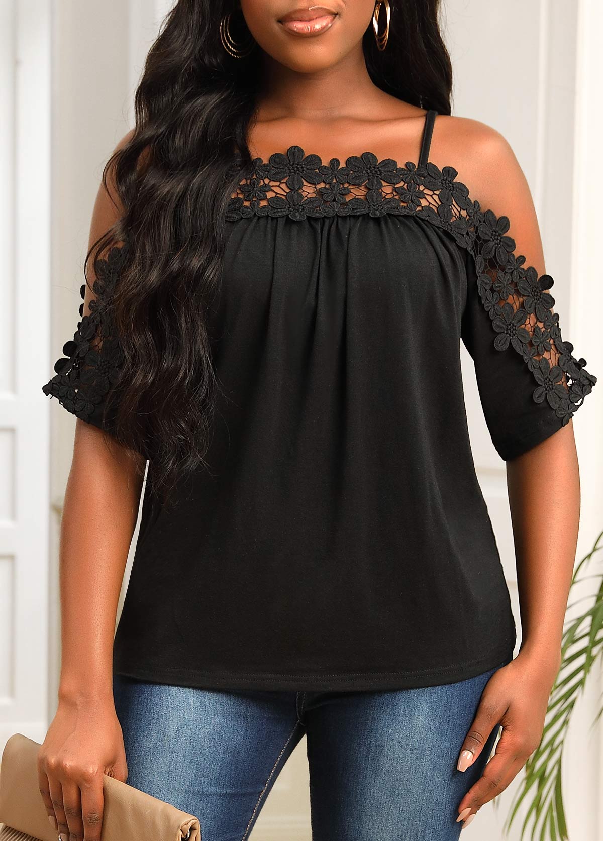 Lace Stitching Strappy Cold Shoulder Black T Shirt