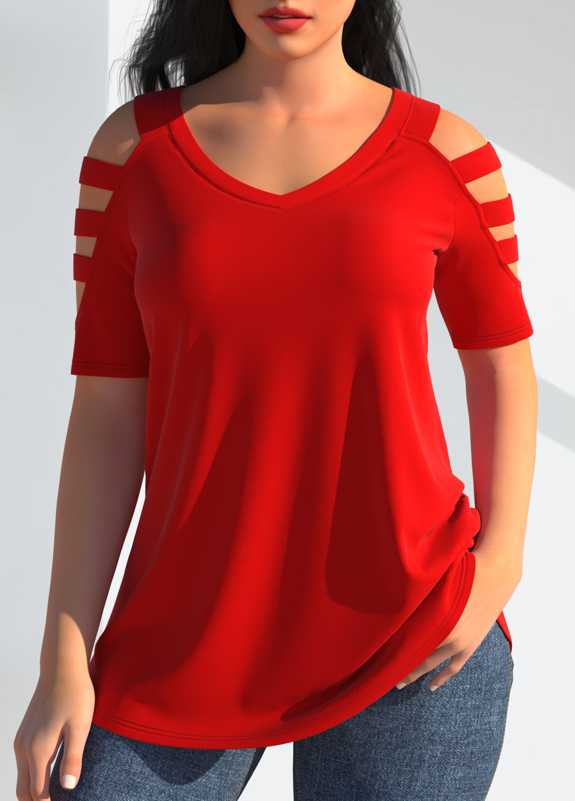Red tops,Plain Color tops,ROTITA Cold Shoulder V Neck Red T Shirt
