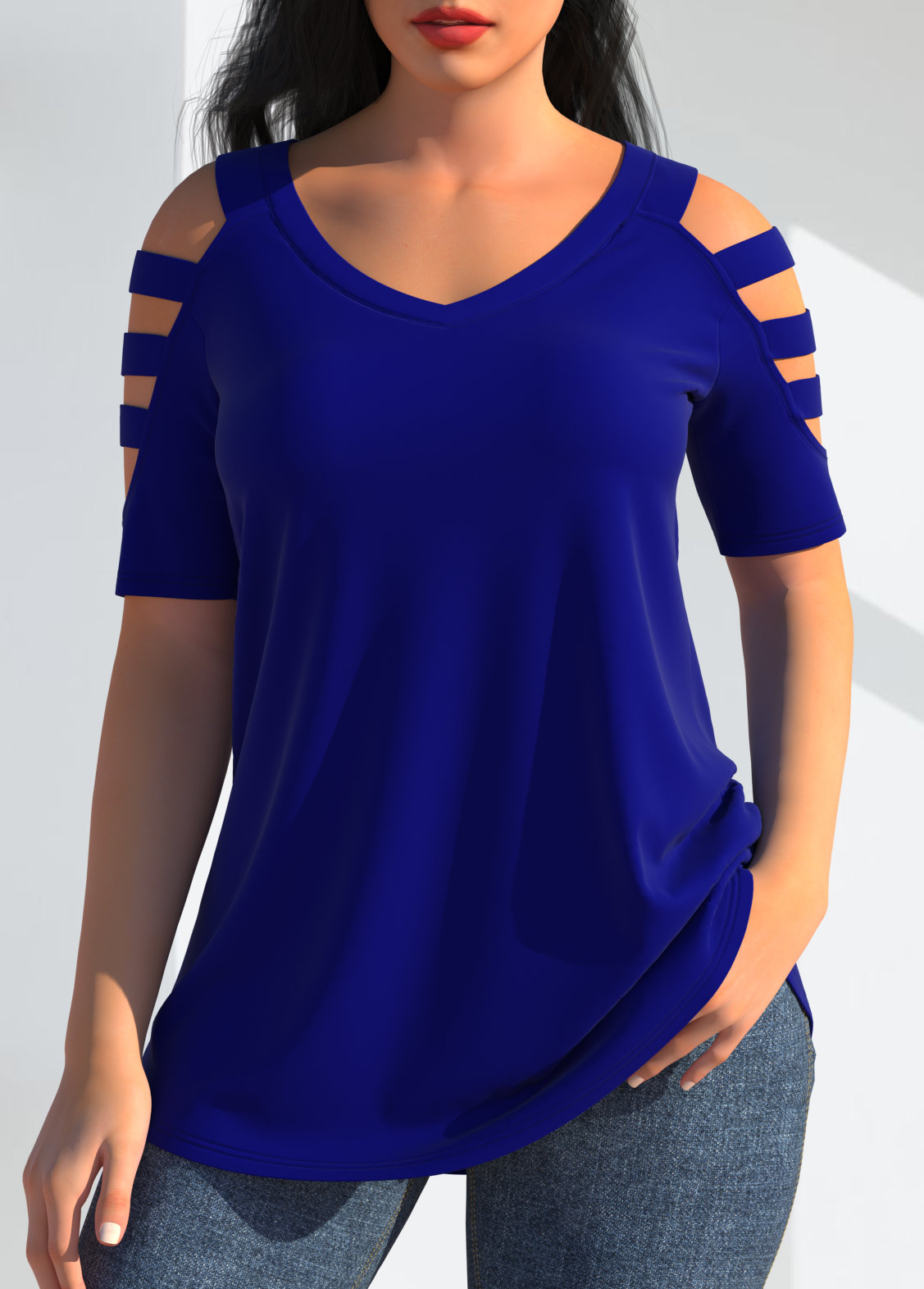 Royal Blue tops,Plain Color tops,ROTITA Cold Shoulder Royal Blue T Shirt