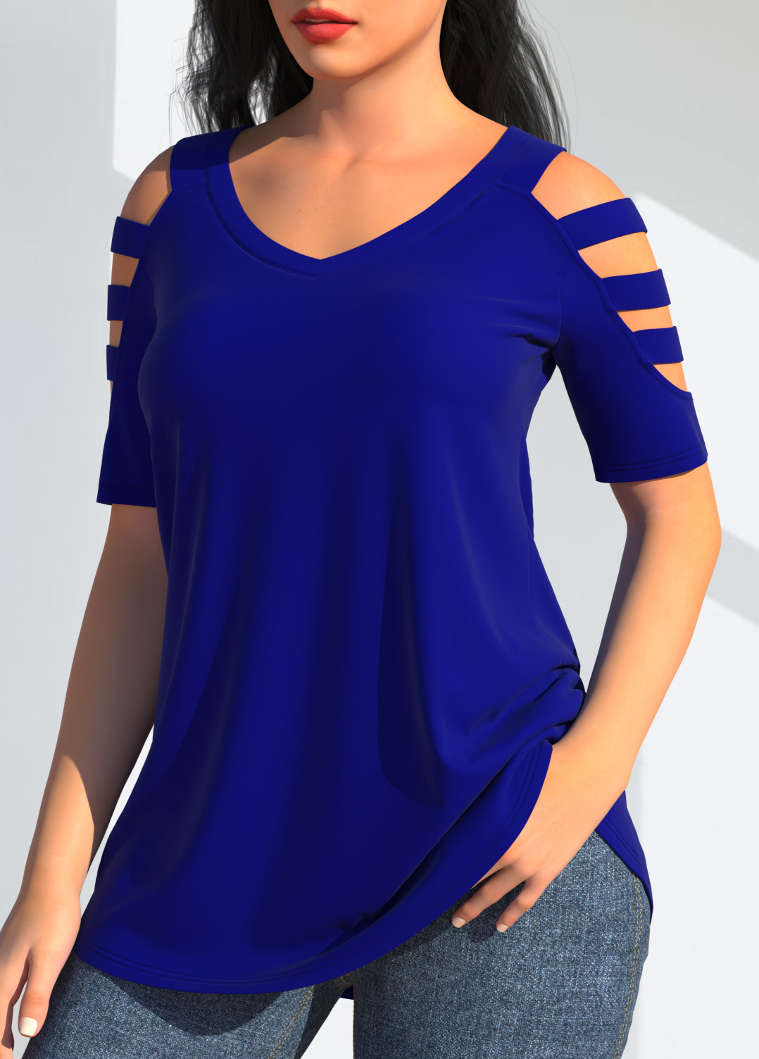 Royal Blue tops,Plain Color tops,ROTITA Cold Shoulder Royal Blue T Shirt