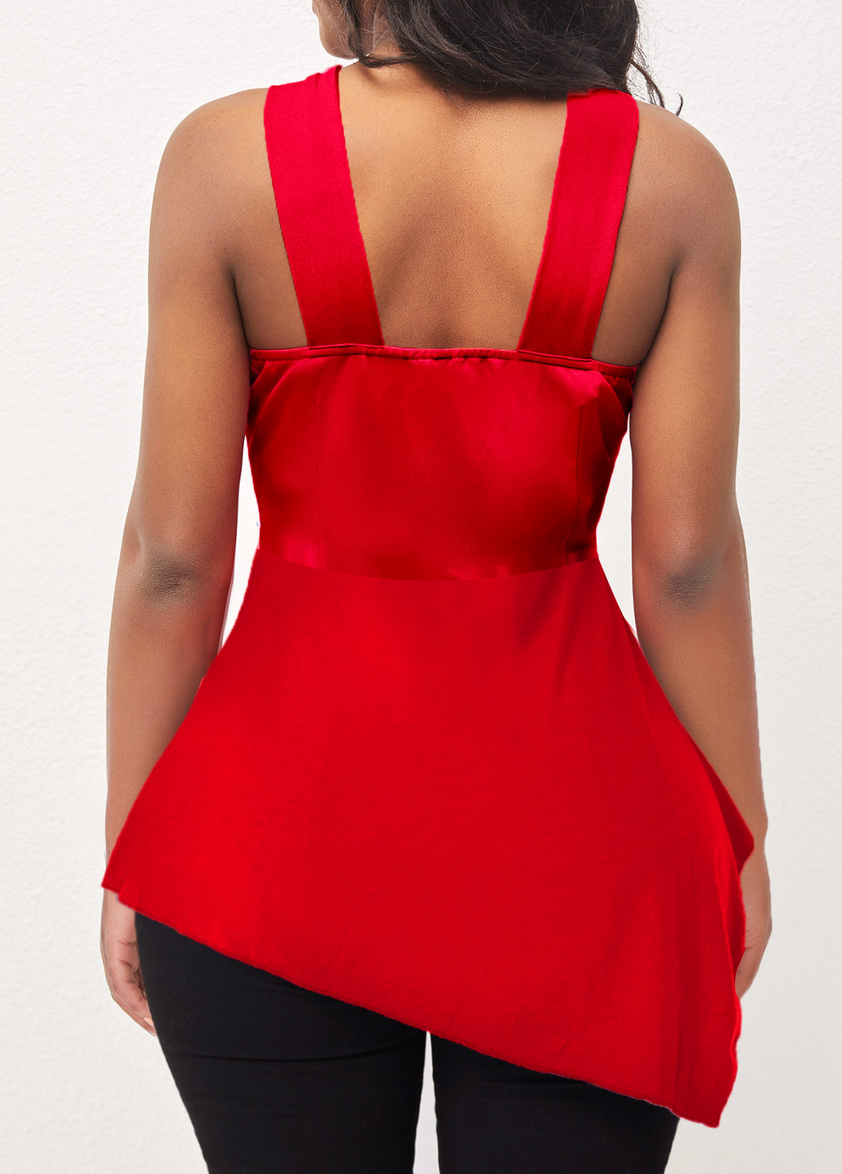 Red tops,Plain Color tops,Asymmetric Hem Cross Front Red Tank Top