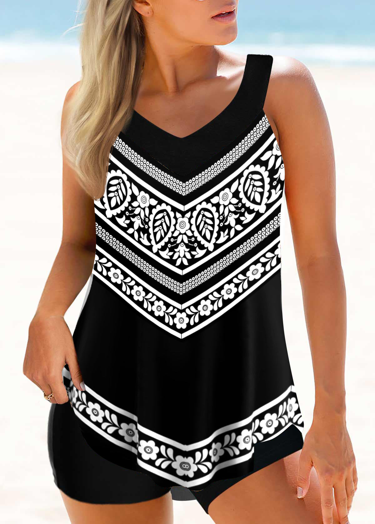 ROTITA Floral Print Wide Strap Black Tankini Top-No Bottom