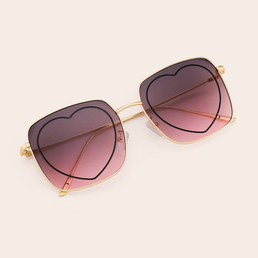 Heart Print Purple Red Metal Frame Sunglasses