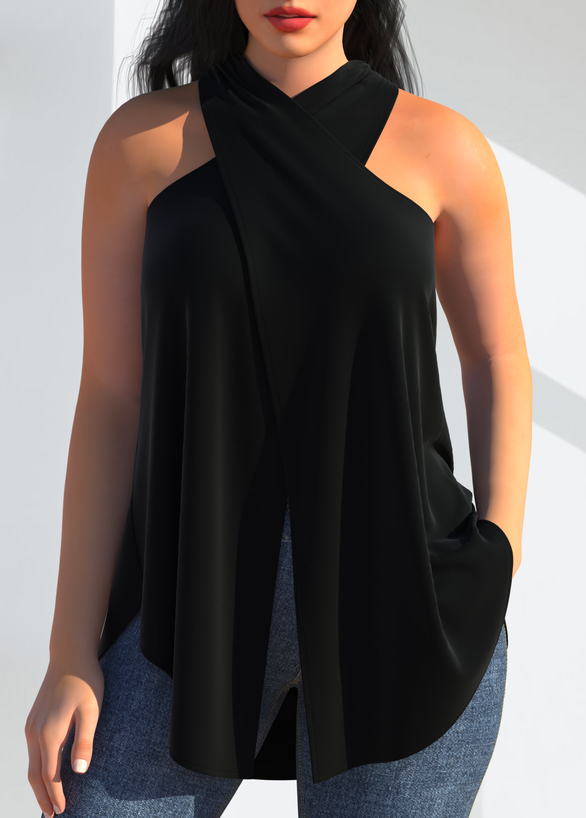ROTITA Halter Black Cross Front Tank Top