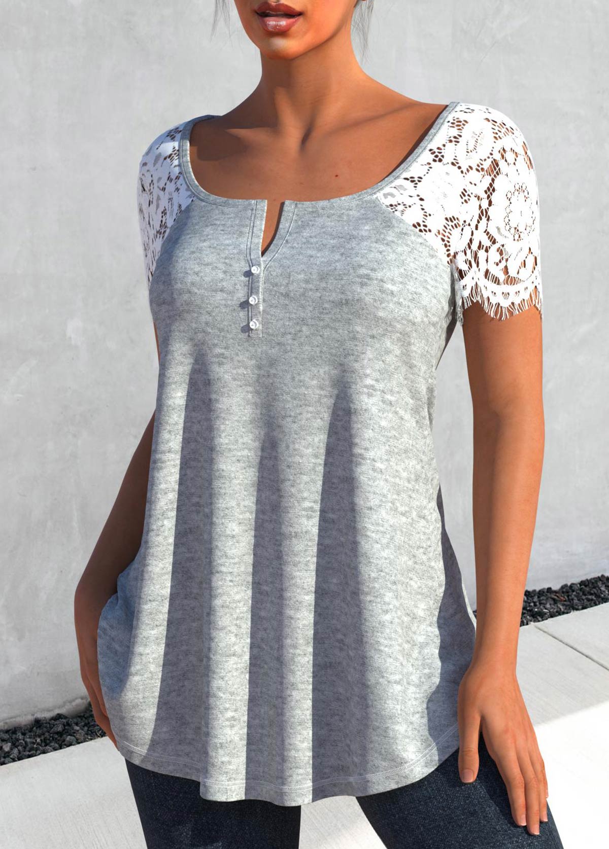 Grey tops,Plain Color tops,ROTITA Lace Patchwork Grey Short Sleeve T Shirt