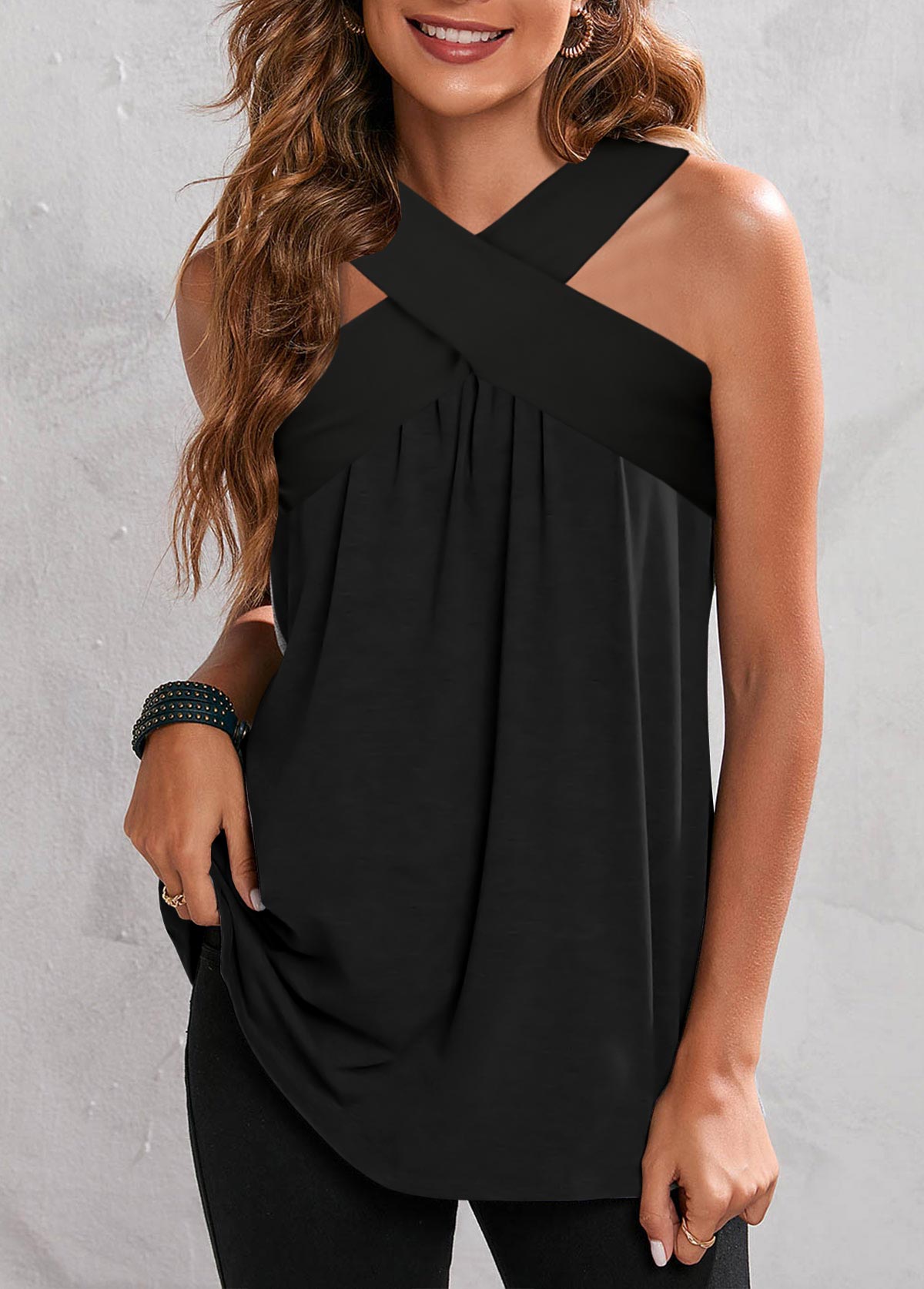 Black tops,Plain Color tops,ROTITA Cross Halter Crinkle Chest Black Tank Top