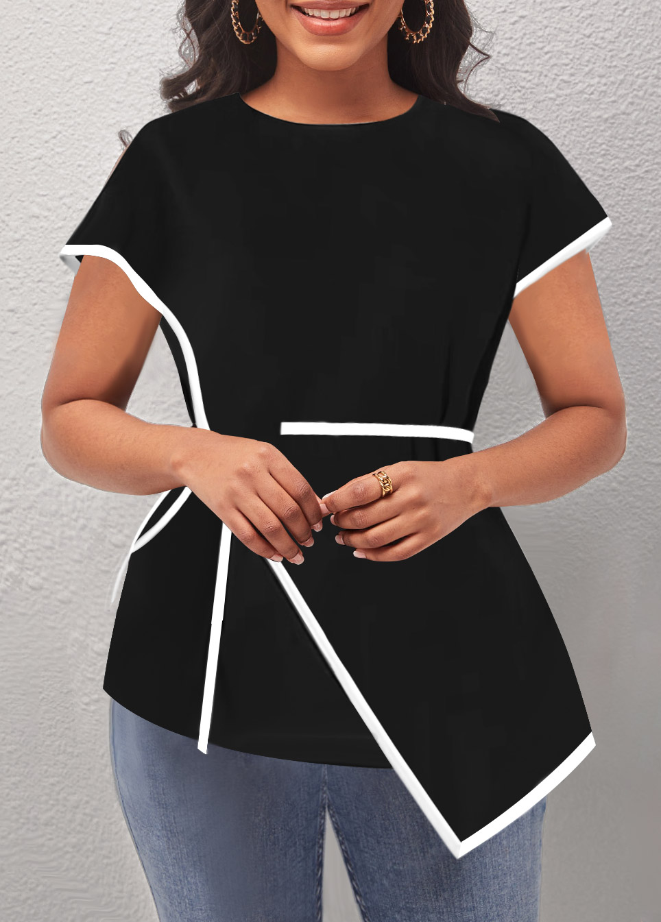 Black tops,Plain Color tops,ROTITA Asymmetric Hem Contrast Stitch Black T Shirt
