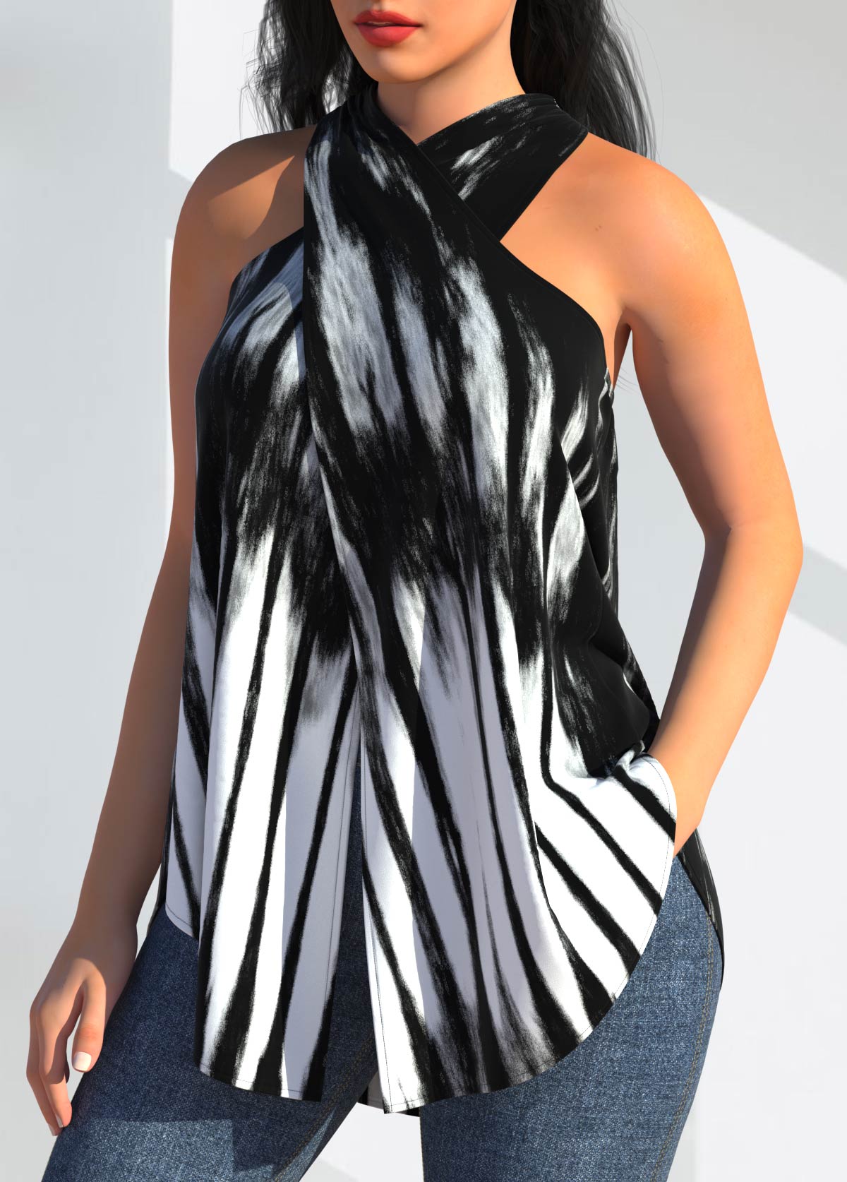Black tops,Tie Dye tops,ROTITA Striped Black Cross Front Halter Tank Top