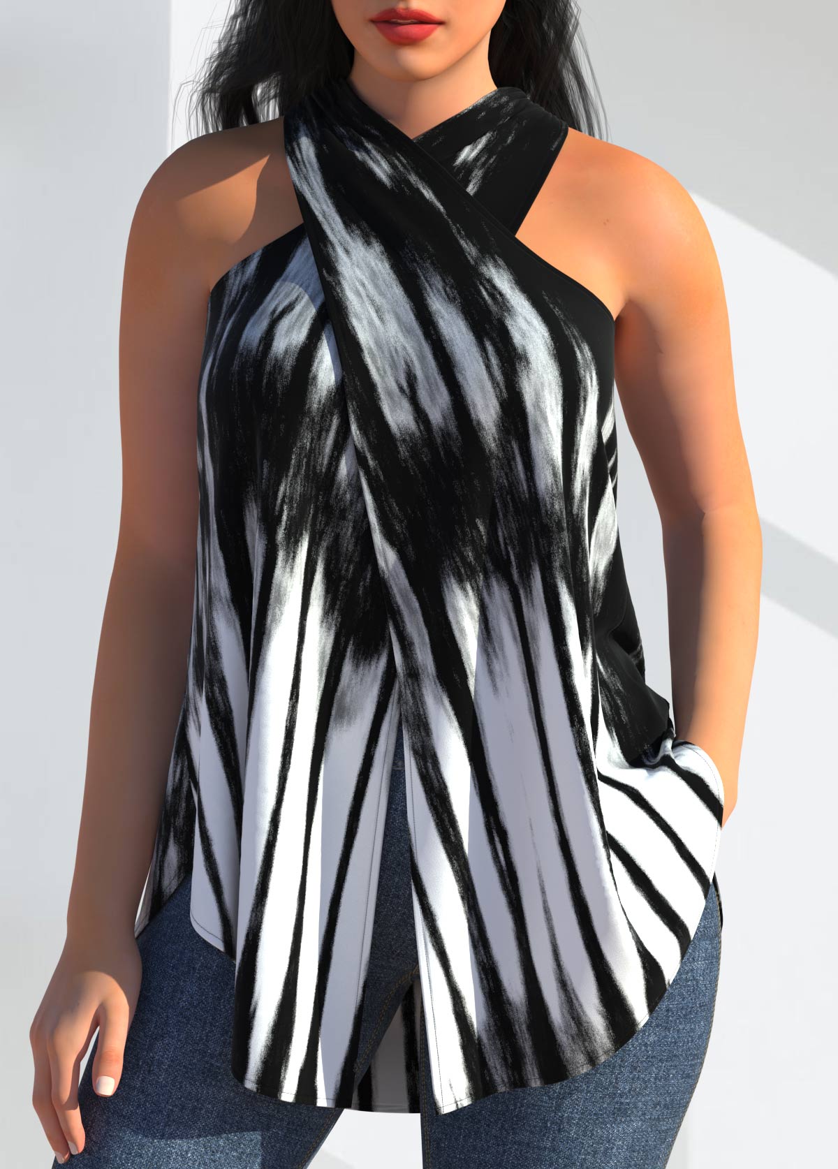 Black tops,Tie Dye tops,ROTITA Striped Black Cross Front Halter Tank Top