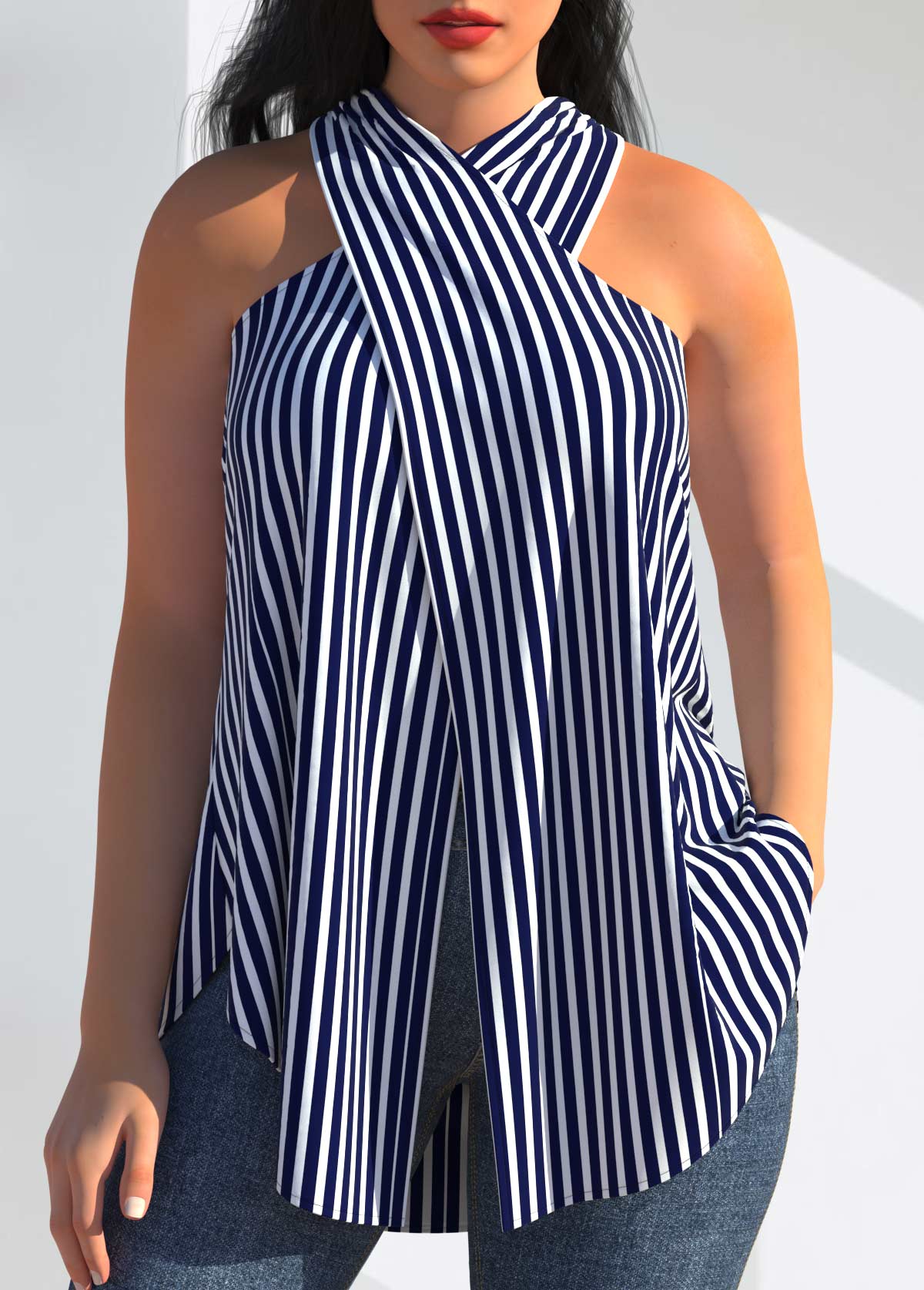 ROTITA Striped Cross Front Navy Blue Halter Tank Top