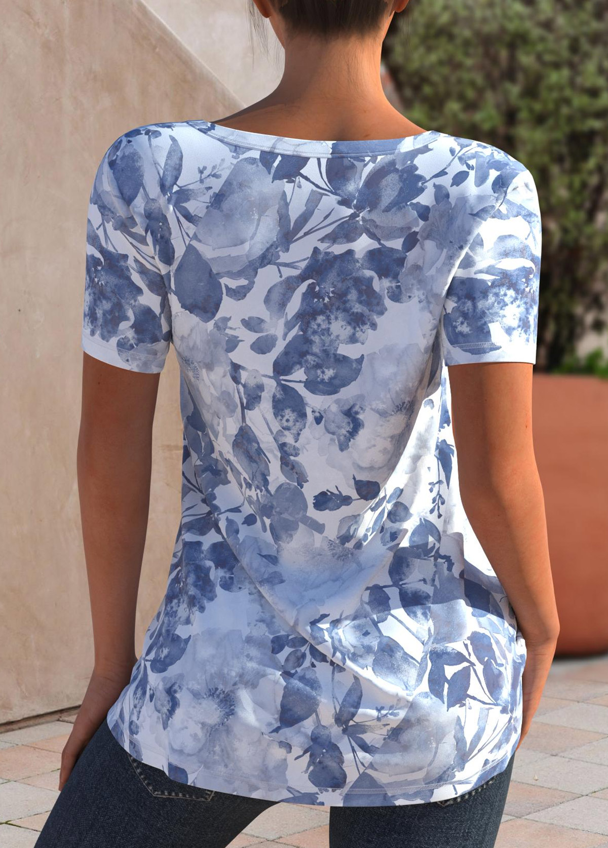 Dusty Blue tops,Floral tops,ROTITA Floral Tie Dye Print Dusty Blue Cutout T Shirt