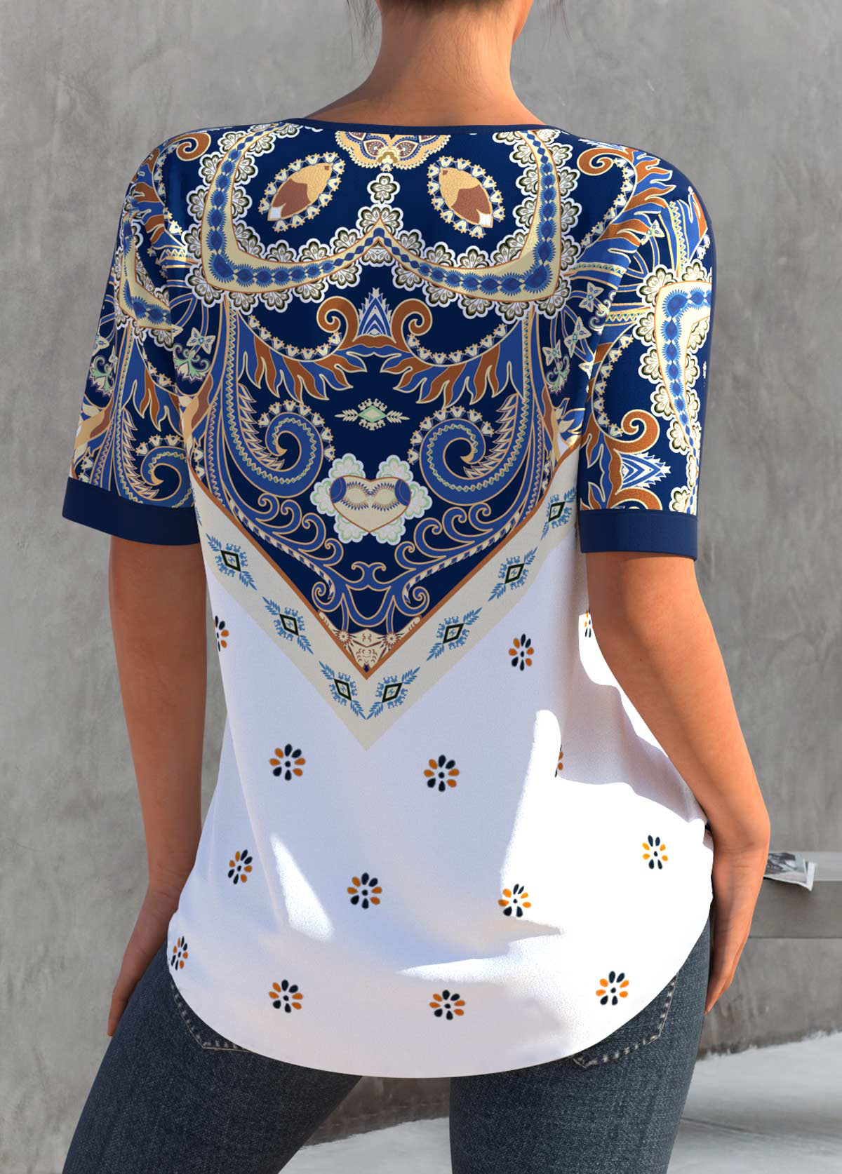Tribal tops,ROTITA Split Neck Navy Blue Tribal Print Blouse