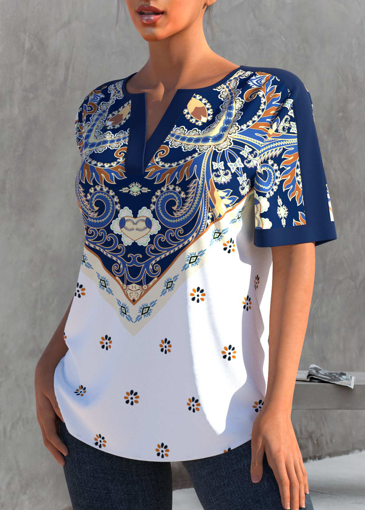 Tribal tops,ROTITA Split Neck Navy Blue Tribal Print Blouse