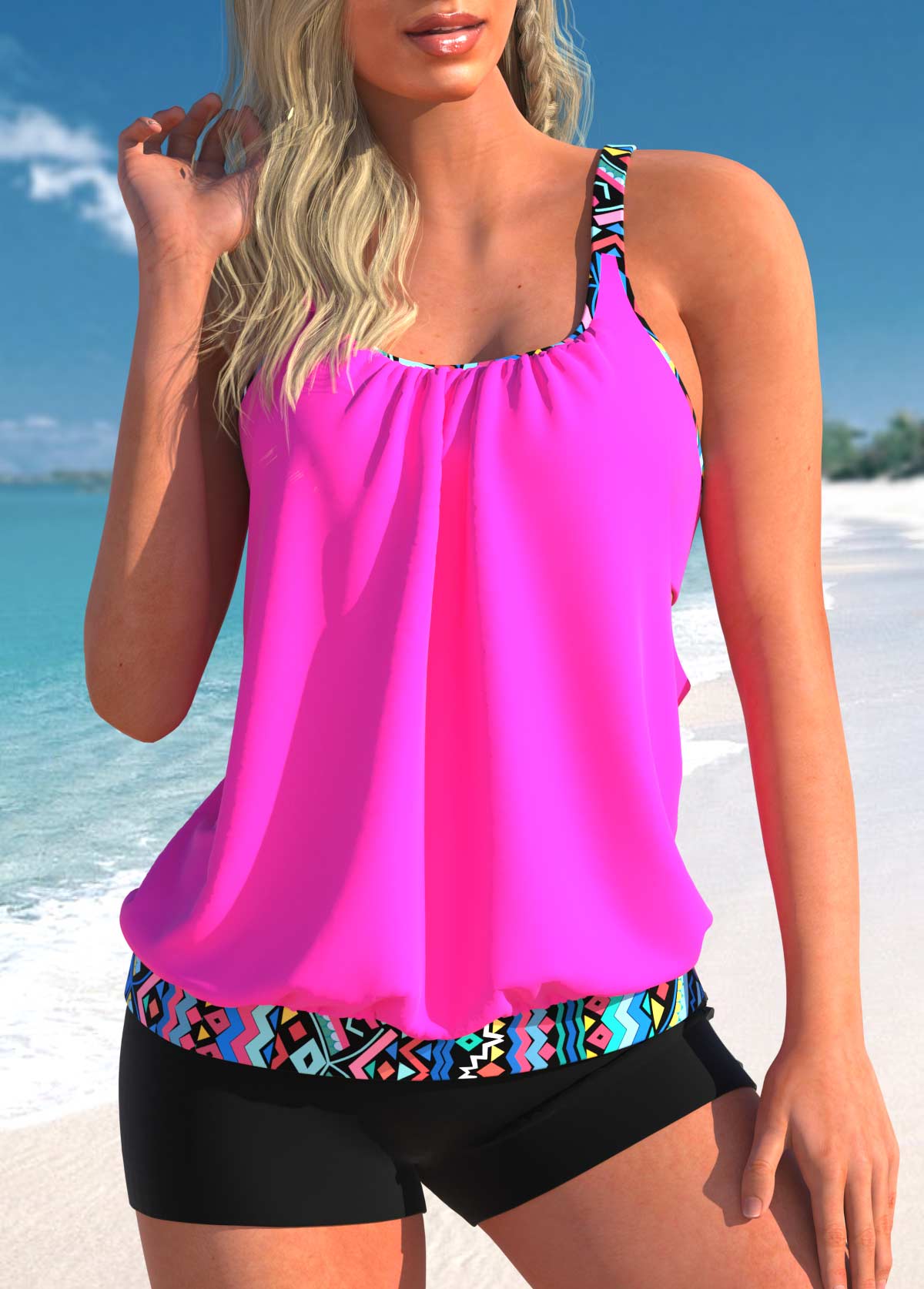 ROTITA Hot Pink Geometric Print Wide Strap Tankini Top