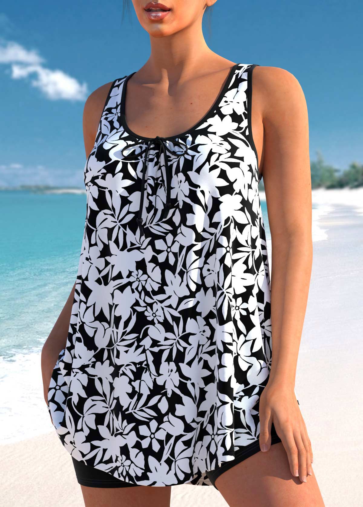 Black swimwear,Floral swimwear,ROTITA Floral Print Bowknot Black Tankini Set