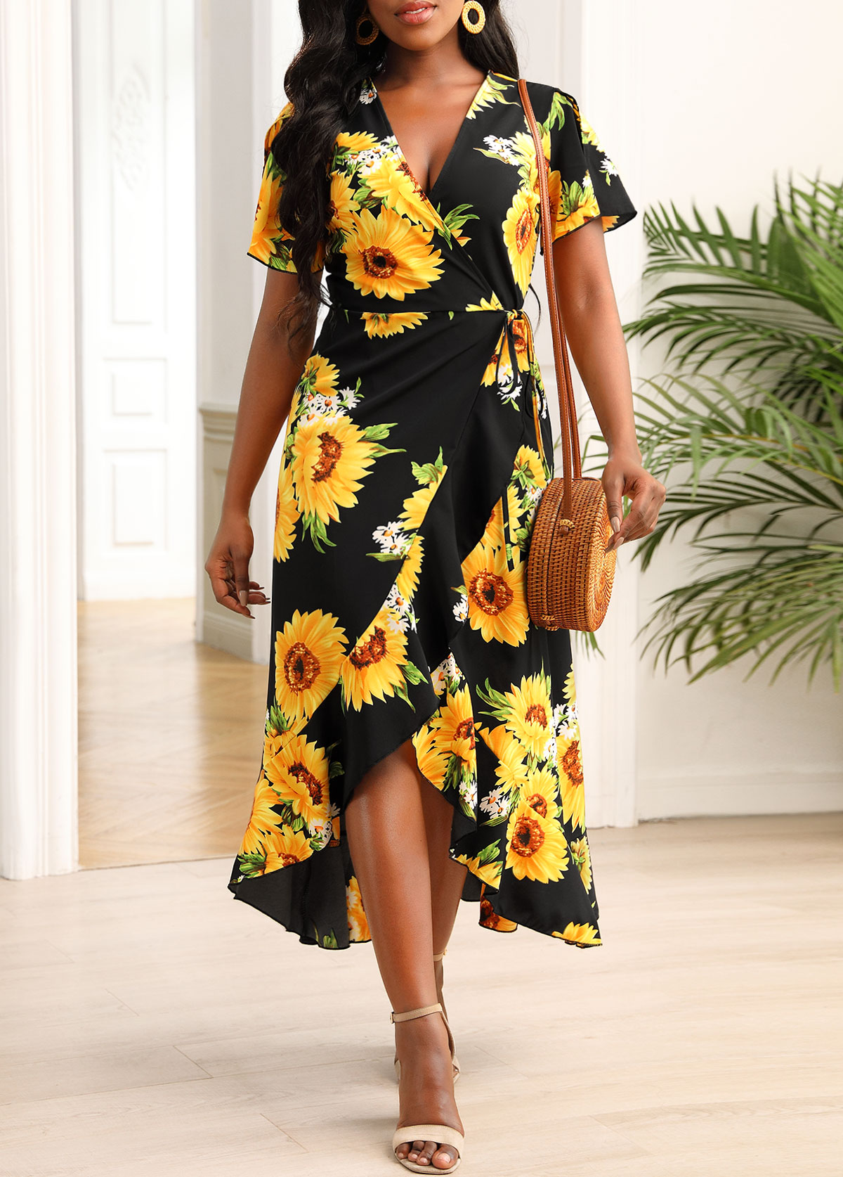 Black Ruffle Hem Sunflower Print Wrap Dress