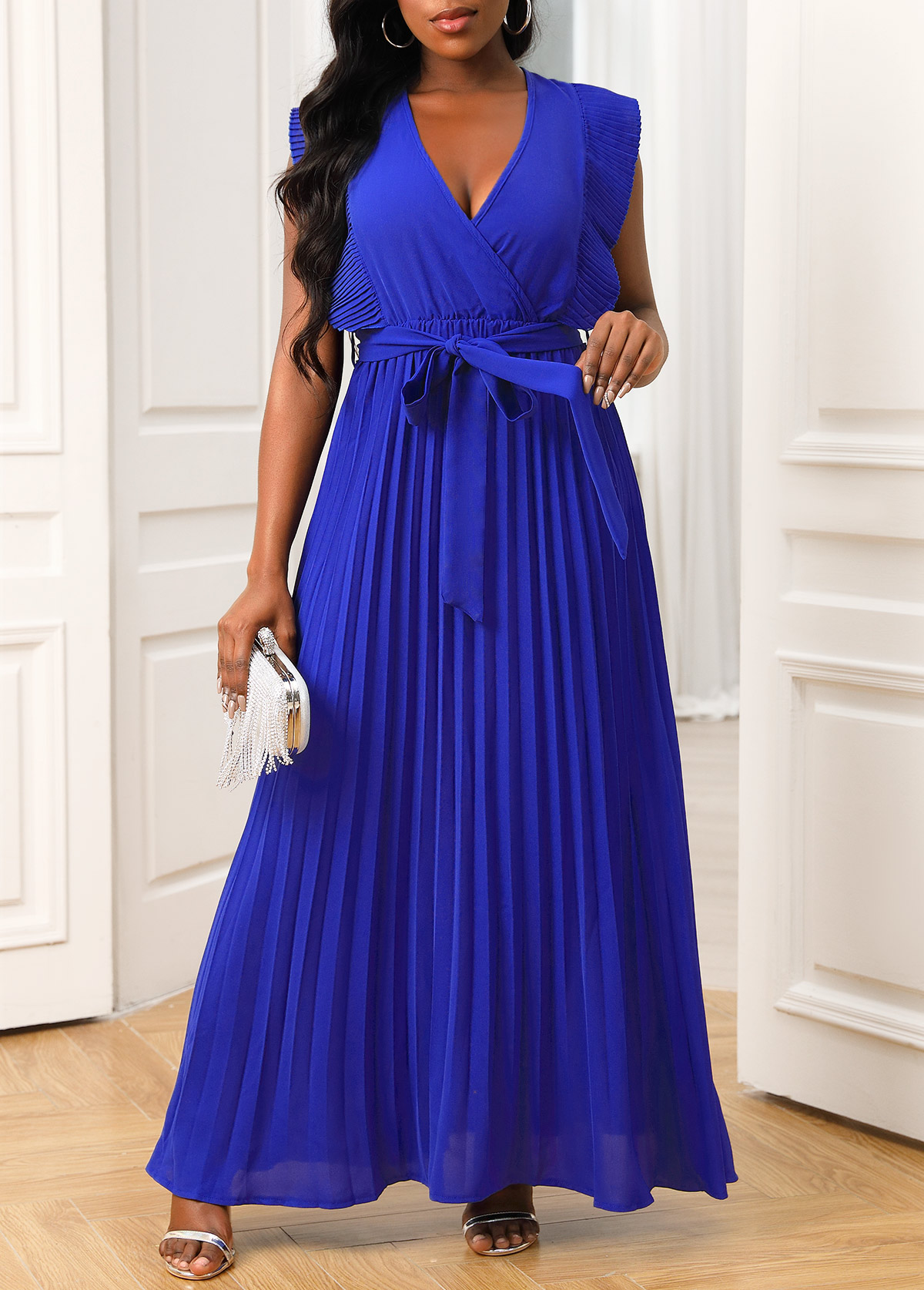 Ruffle Sleeve Belted Royal Blue Dress