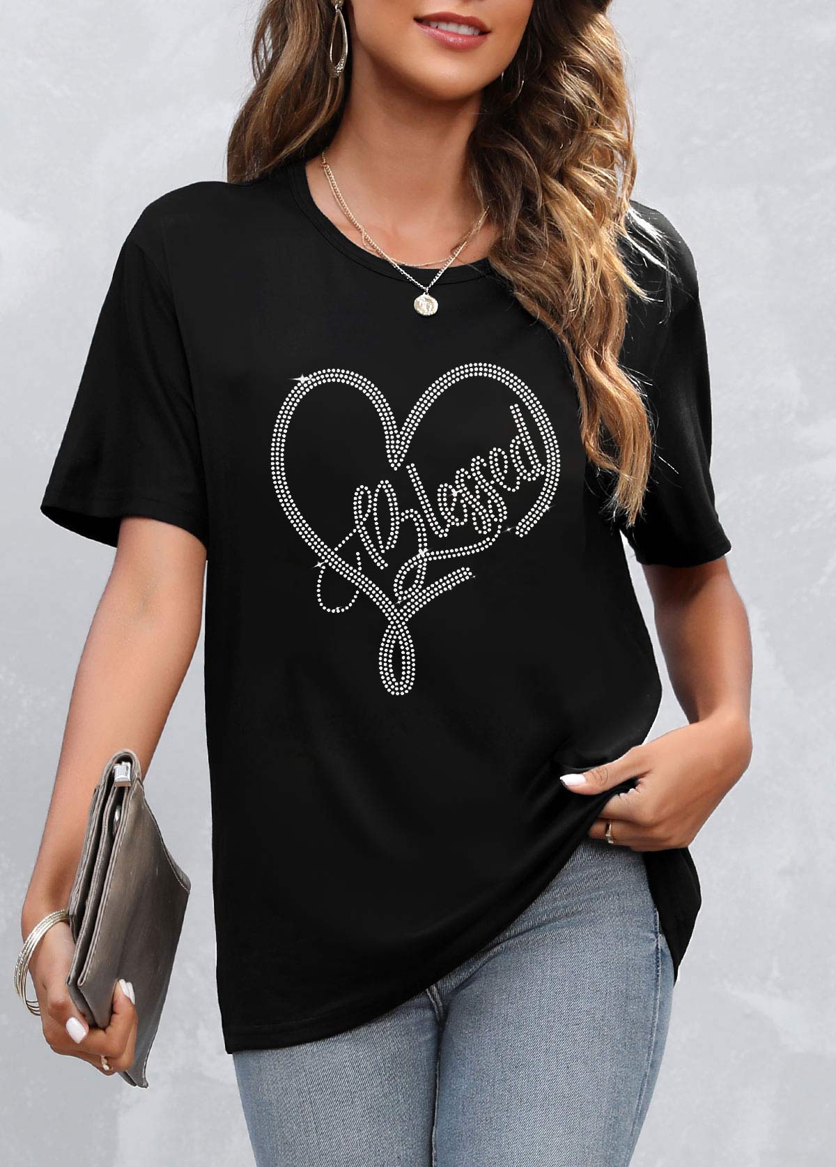 Black tops,Letter tops,Hot Drilling Black Short Sleeve T Shirt