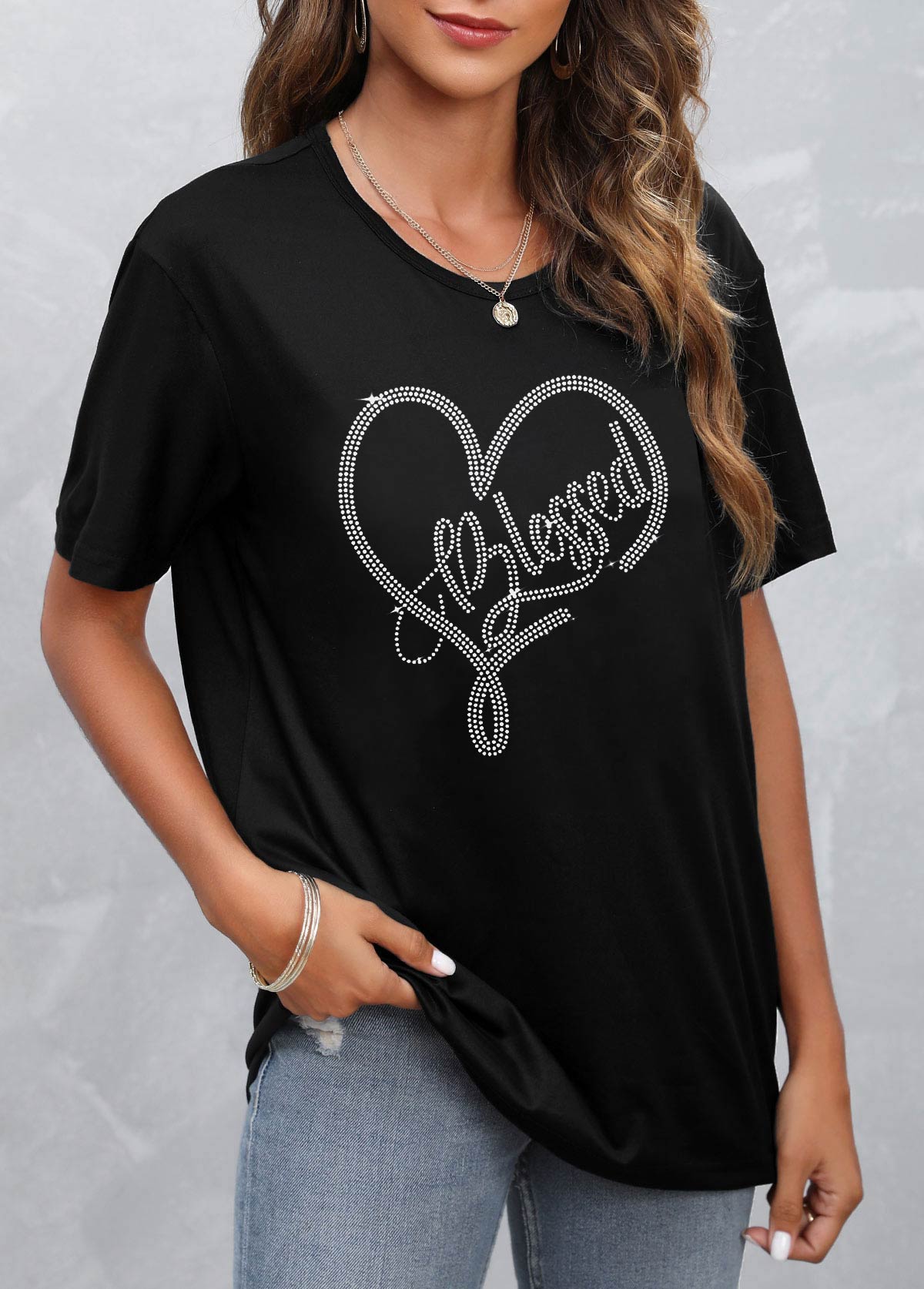 Black tops,Letter tops,Hot Drilling Black Short Sleeve T Shirt