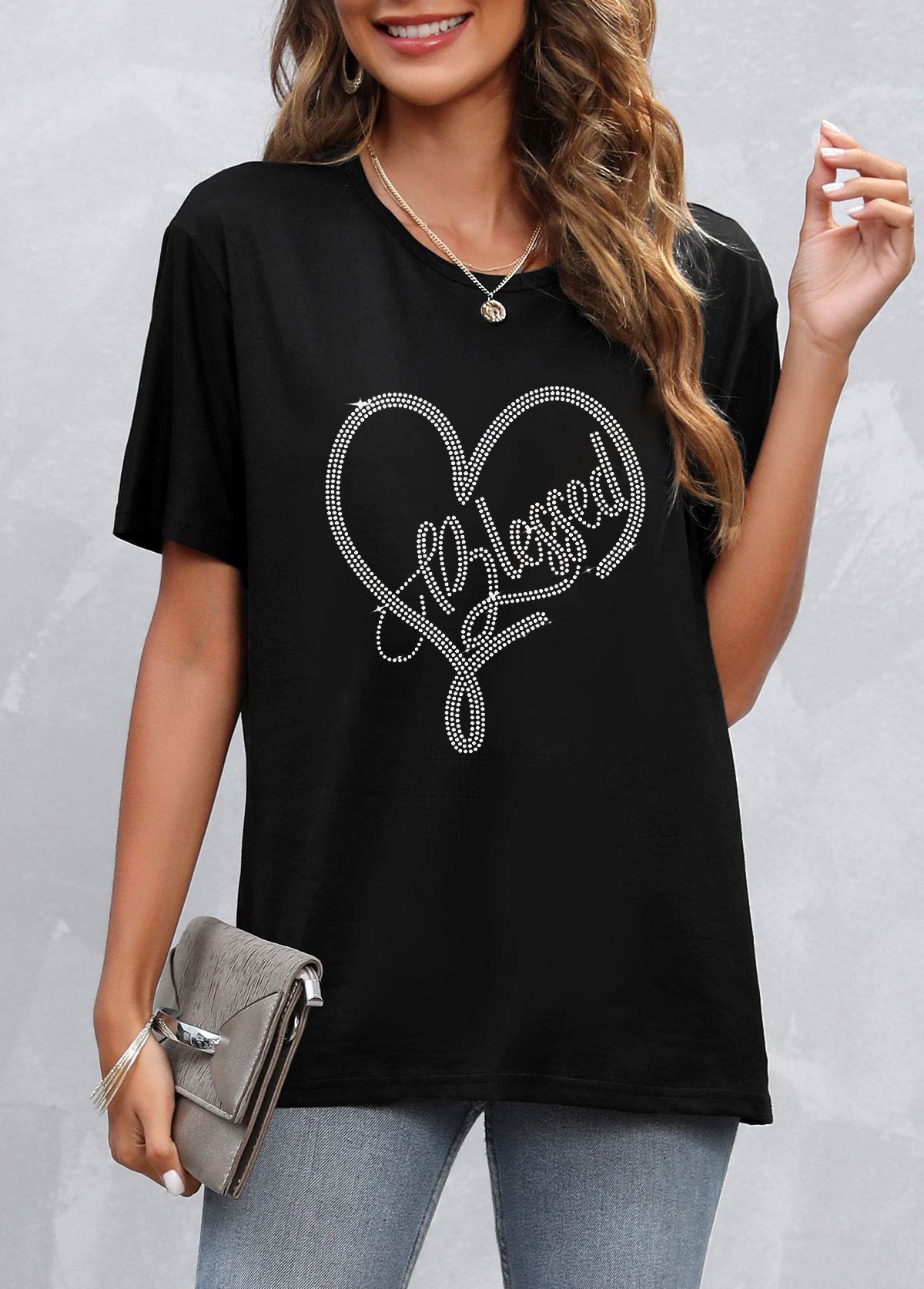 Black tops,Letter tops,Hot Drilling Black Short Sleeve T Shirt