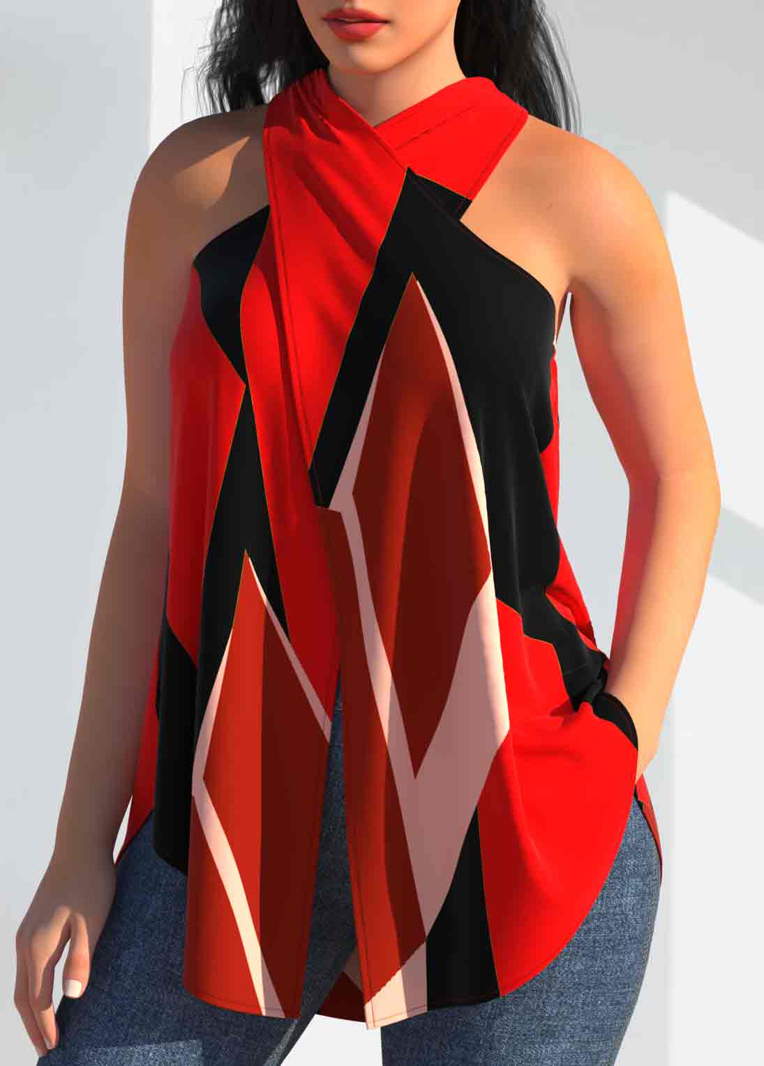 Red tops,Geometric tops,ROTITA Geometric Print Red Cross Halter Tank Top