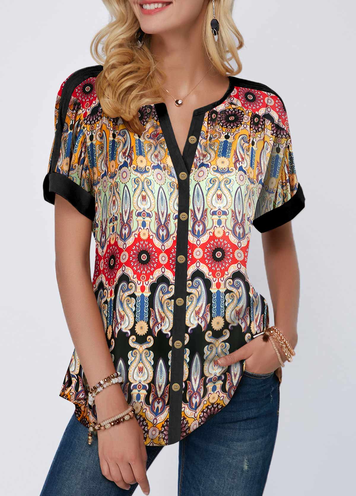 Multi Color tops,Tribal tops,ROTITA Tribal Print Split Neck Multi Color Blouse