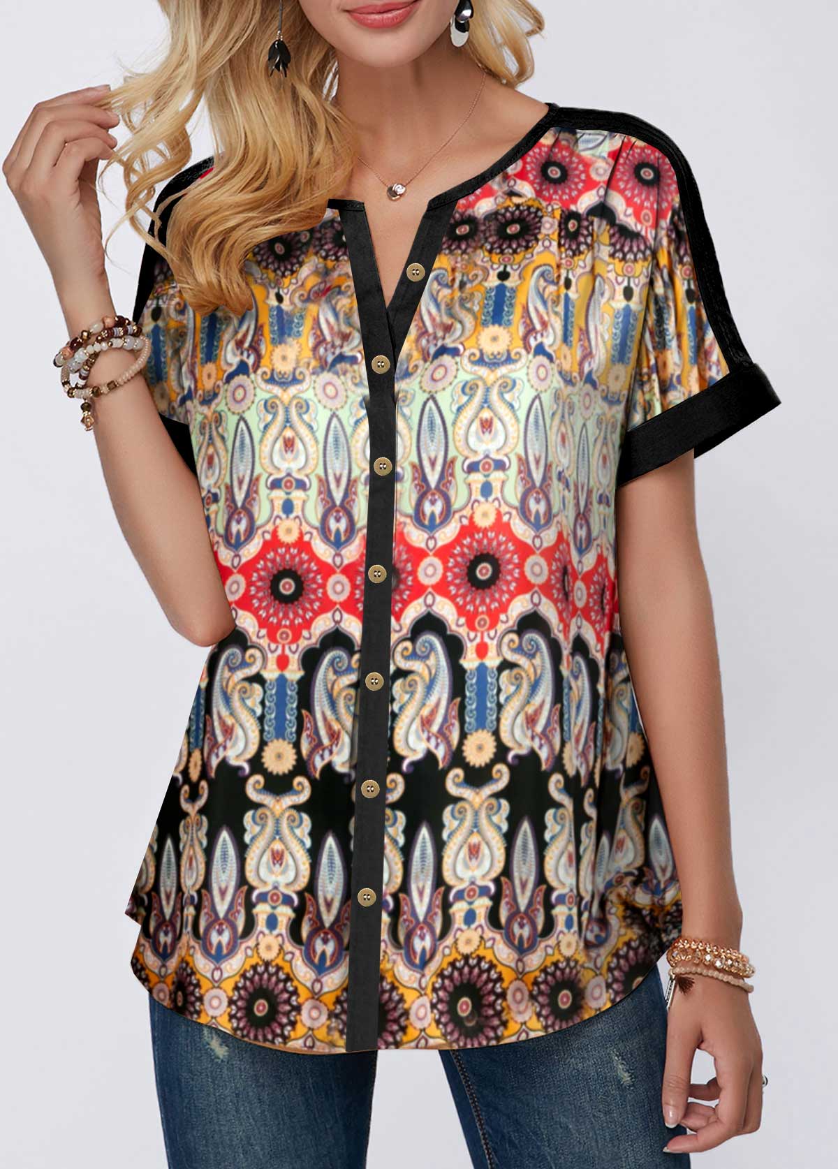 Multi Color tops,Tribal tops,ROTITA Tribal Print Split Neck Multi Color Blouse