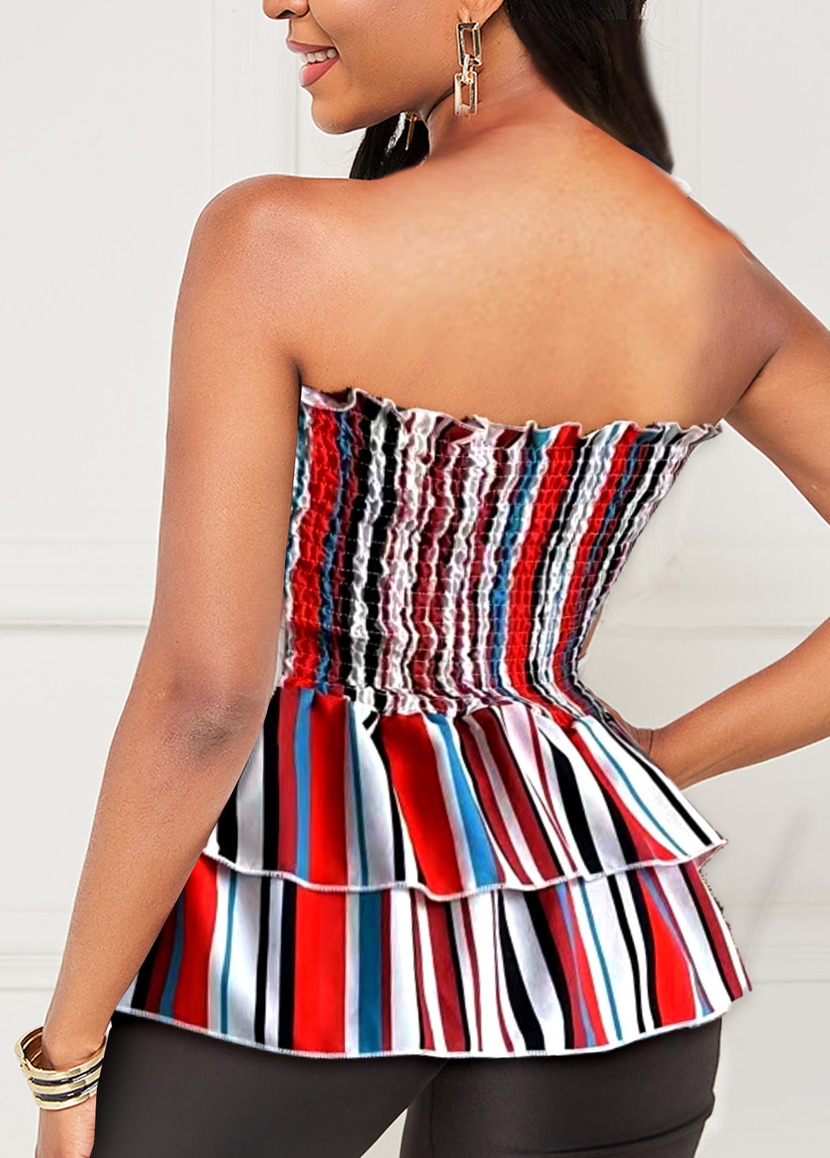 Multi Color tops,Striped tops,ROTITA Smocked Striped Layered Ruffle Hem Tank Top