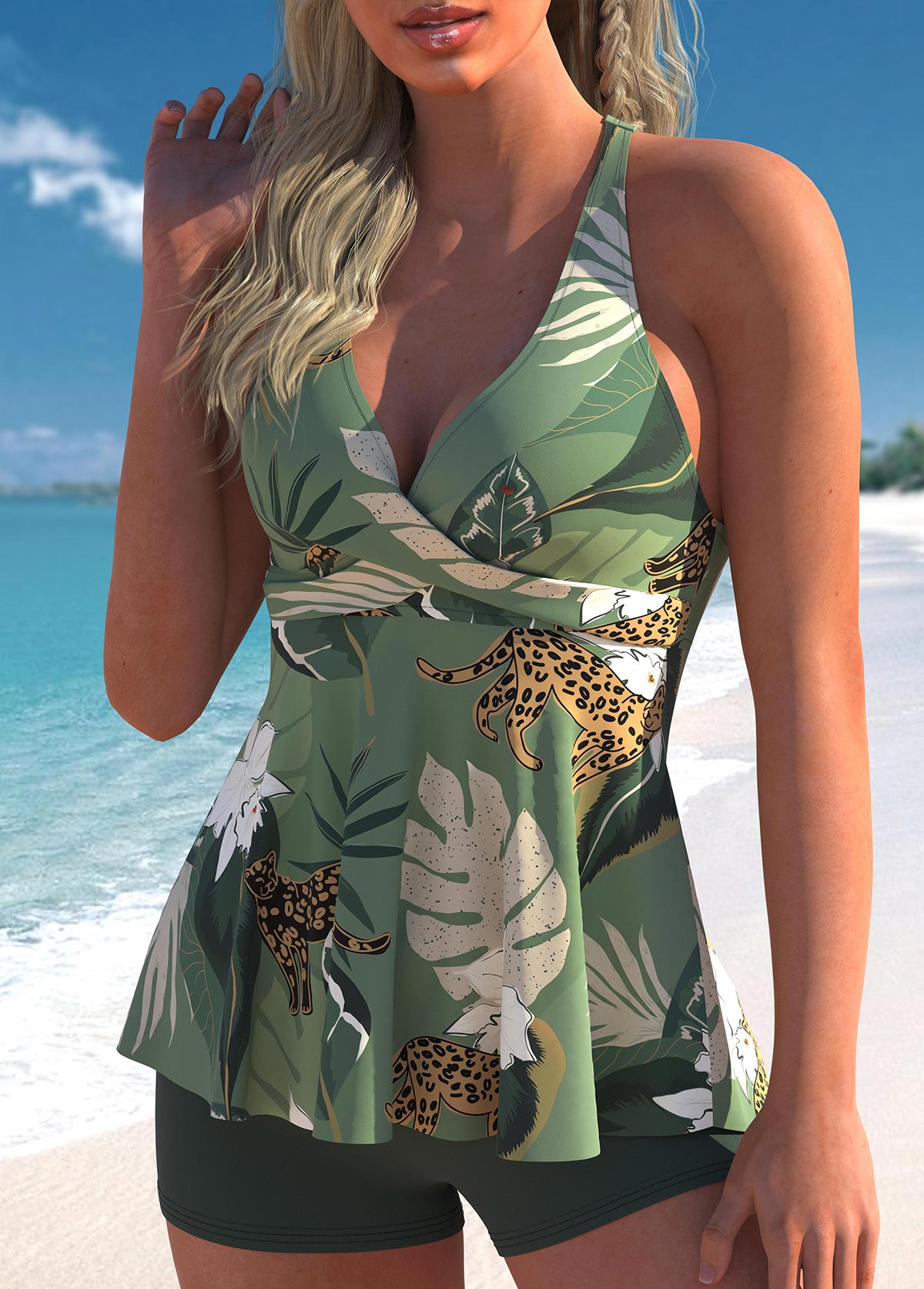 Sage Green swimwear,Plants swimwear,ROTITA Sage Green Cross Front Tropical Print Tankini Set
