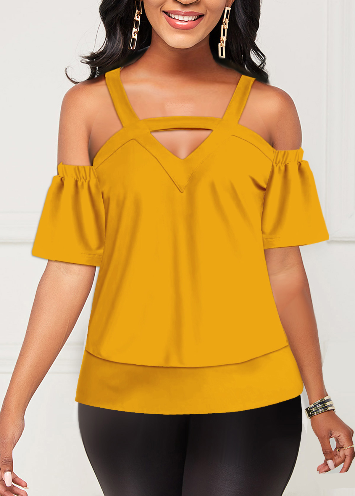 Ginger tops,Plain Color tops,ROTITA Cold Shoulder Cutout Front Ginger T Shirt