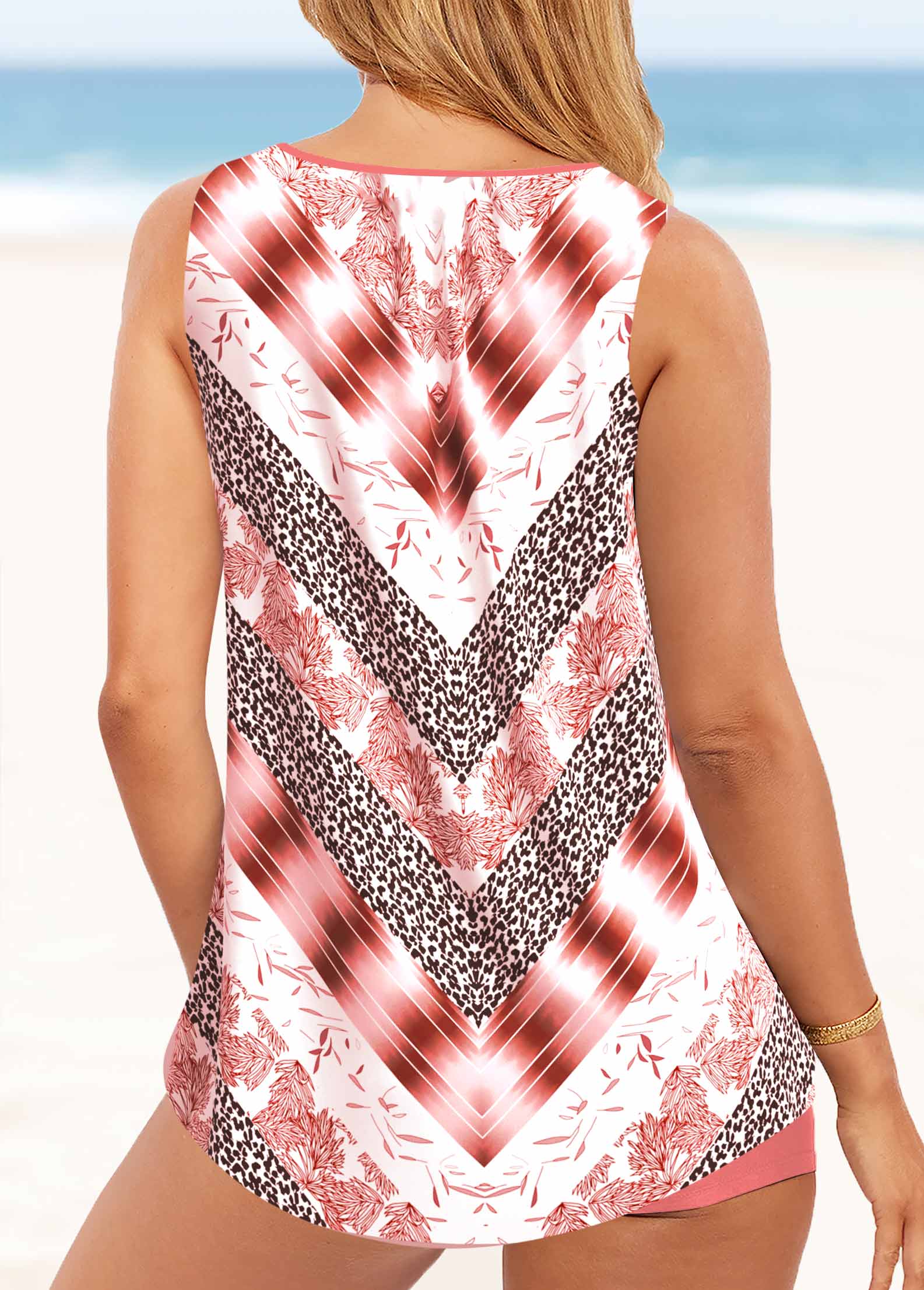 Pink swimwear,Geometric swimwear,ROTITA Chevron Print Cross Strap Leopard Pink Tankini Set