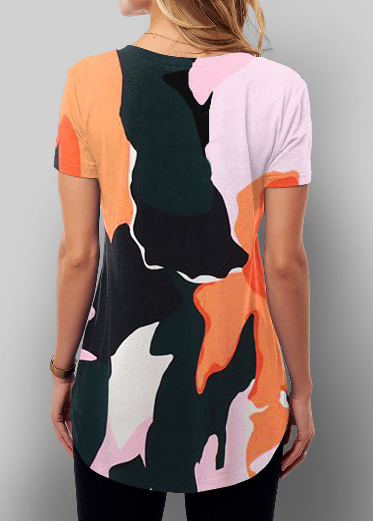 Multi Color tops,Geometric tops,ROTITA Printed Cross Strap Short Sleeve T Shirt