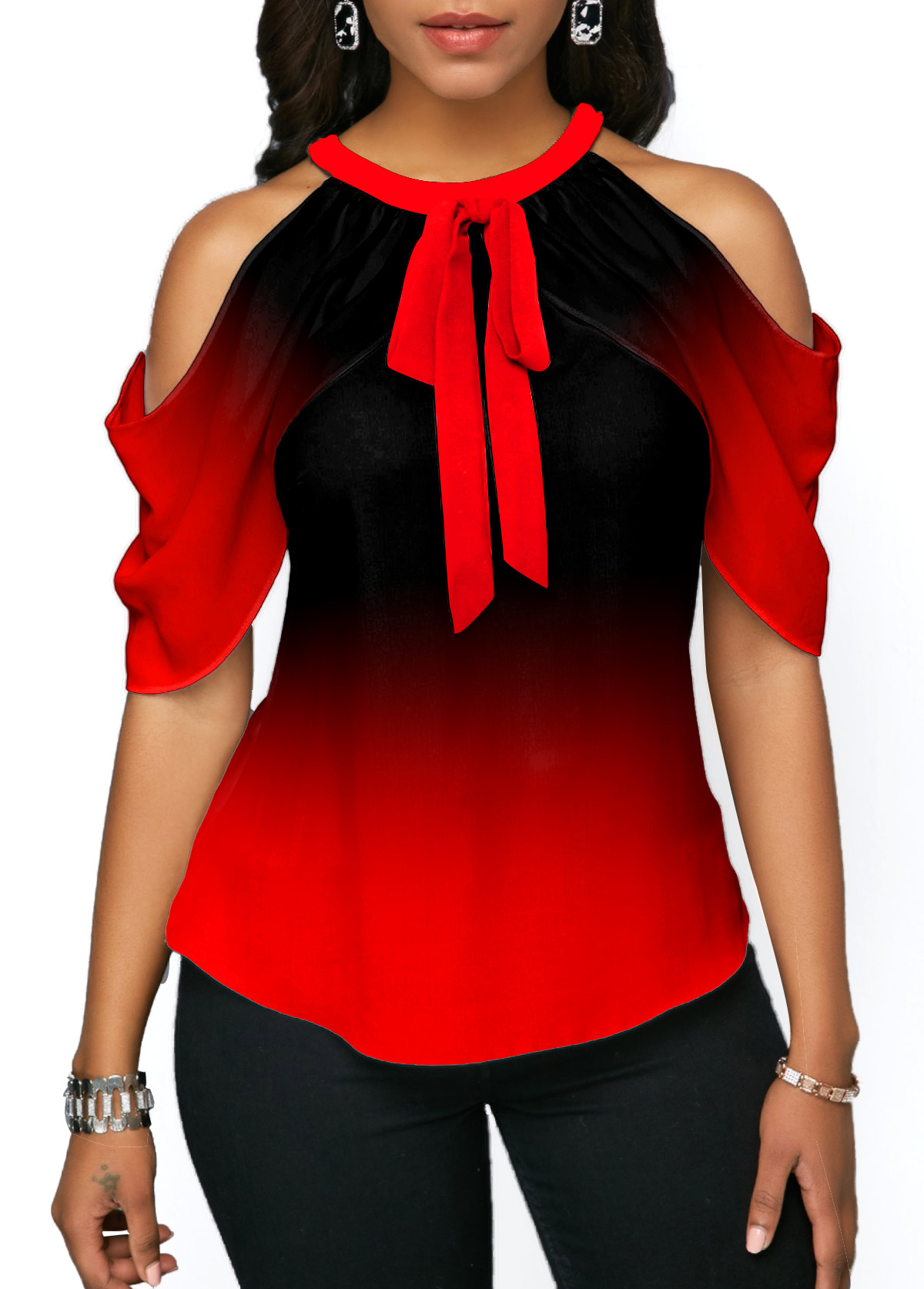 Red tops,Ombre tops,ROTITA Ombre Red Halter Cold Shoulder Blouse