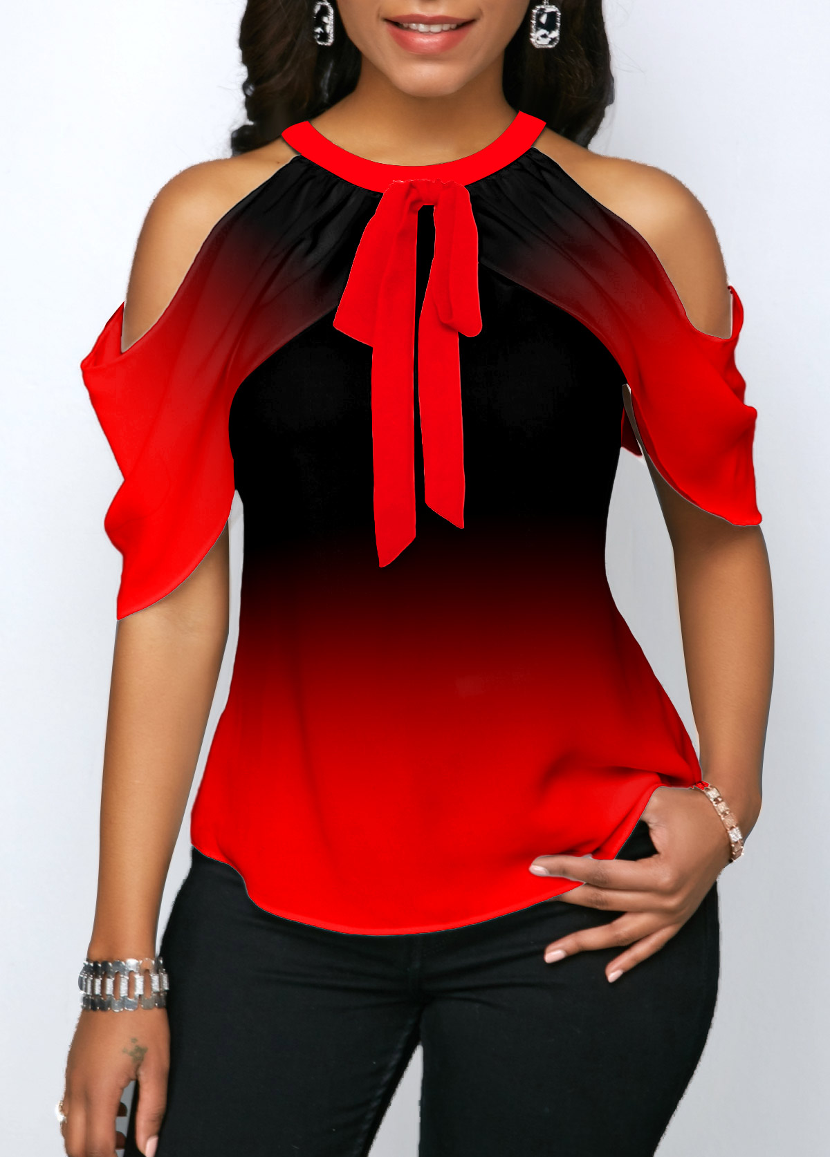 Red tops,Ombre tops,ROTITA Ombre Red Halter Cold Shoulder Blouse