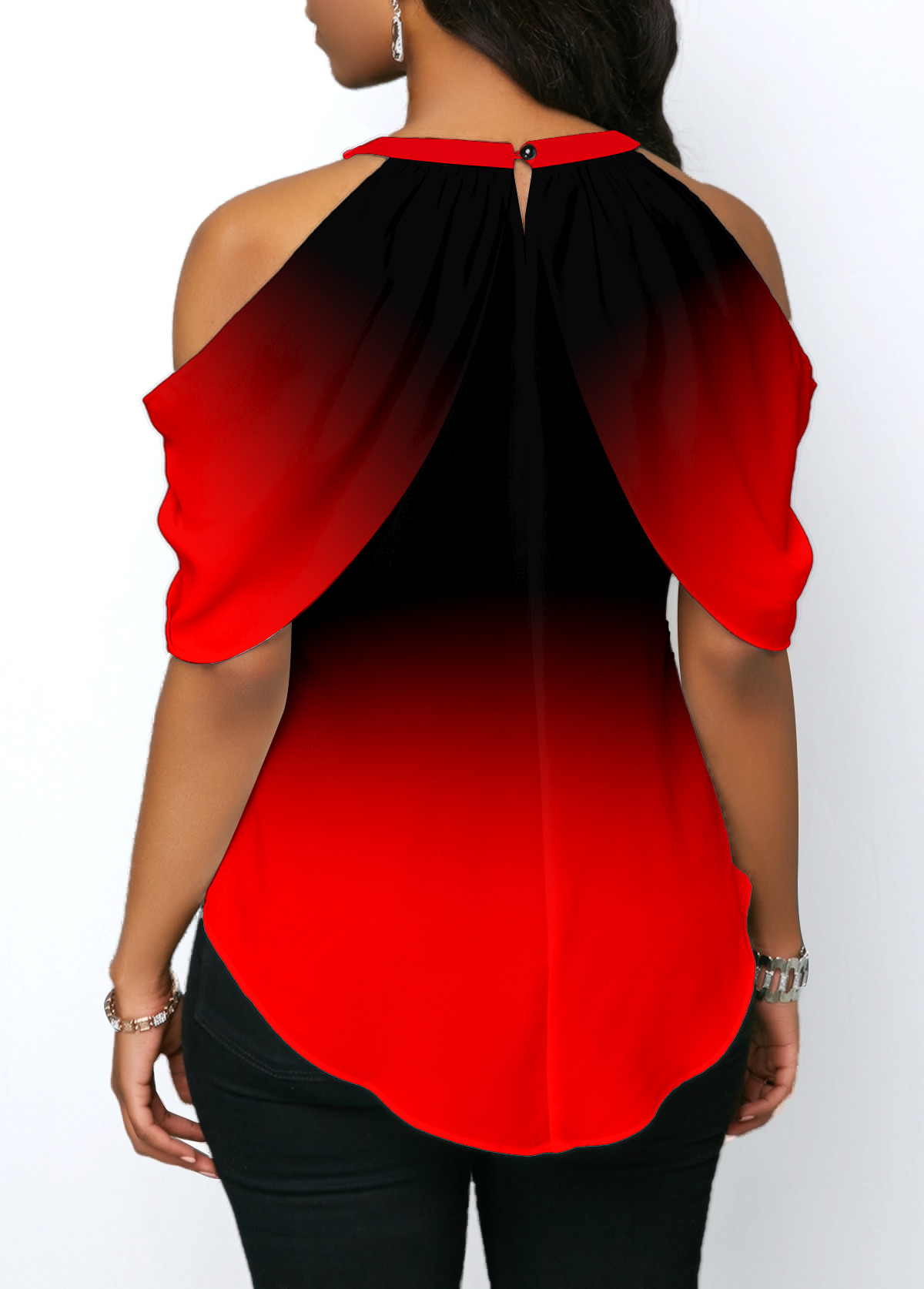 Red tops,Ombre tops,ROTITA Ombre Red Halter Cold Shoulder Blouse