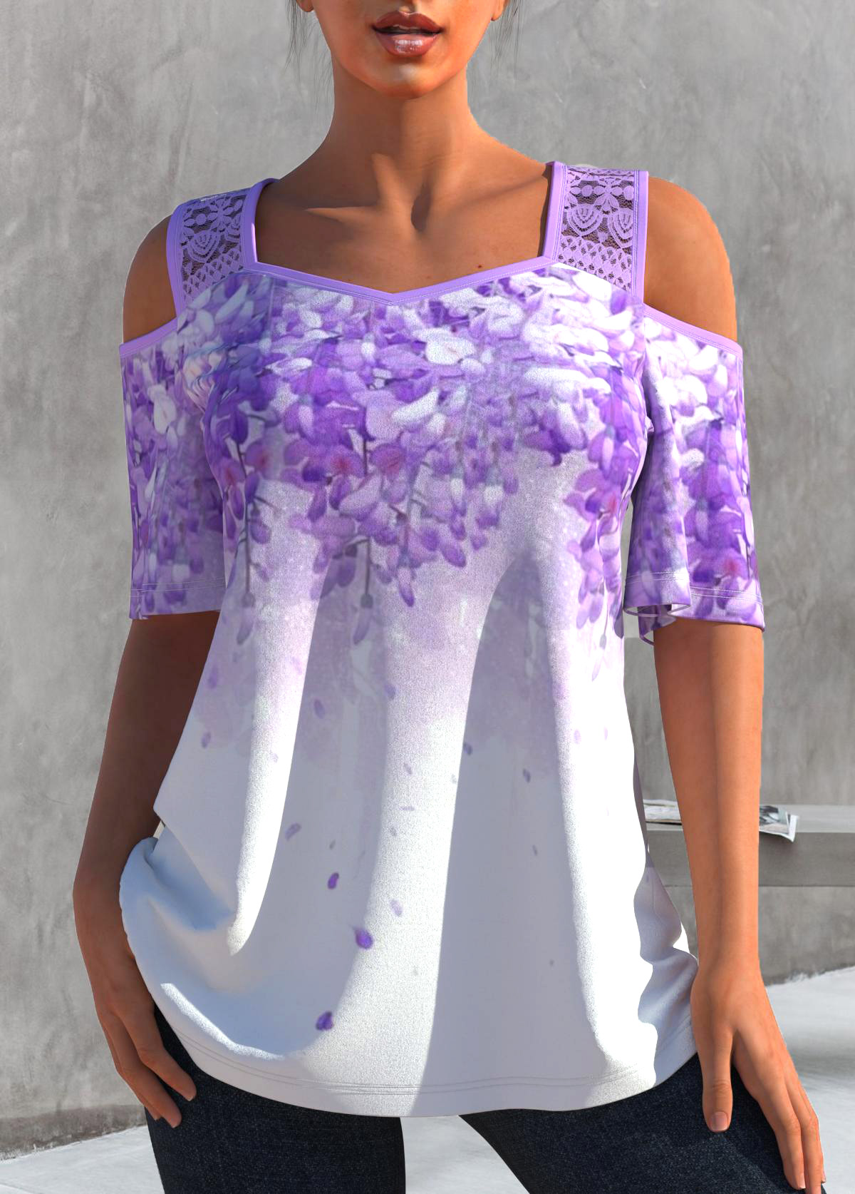 Light Purple tops,Floral tops,ROTITA Cold Shoulder Lace Stitching Light Purple T Shirt