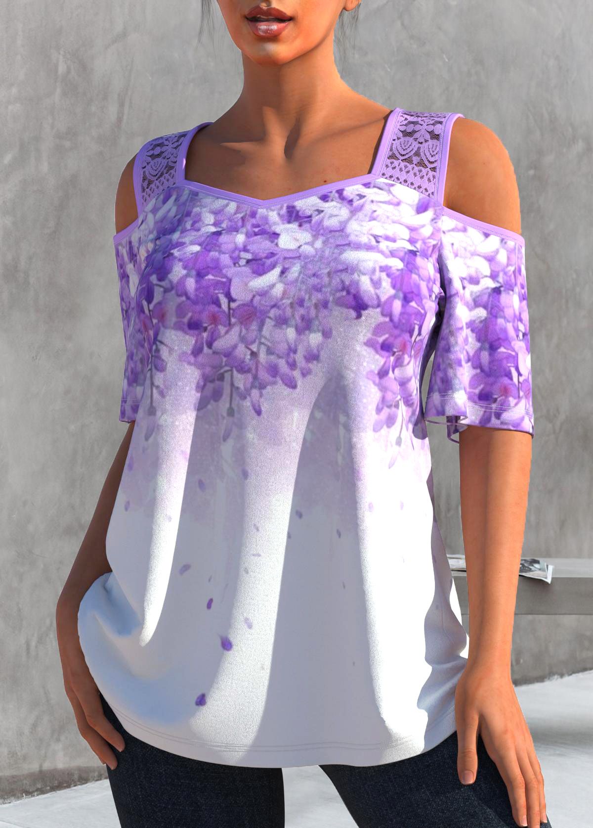 Light Purple tops,Floral tops,ROTITA Cold Shoulder Lace Stitching Light Purple T Shirt